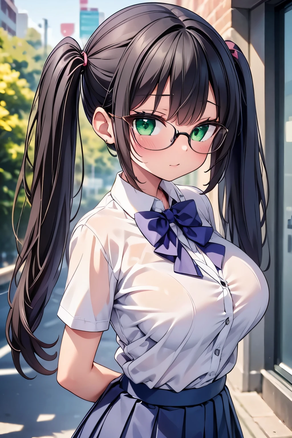 highest quality,wonderful,finely,extremely detailed CG unity 8k wallpaper,1 girl, big breasts,(school uniform:1.3), turn your arms behind your back, water wet, black hair, glasses, green eyes,twin tails, highest quality,Super detailed,unity 8k wallpaper,game CG,