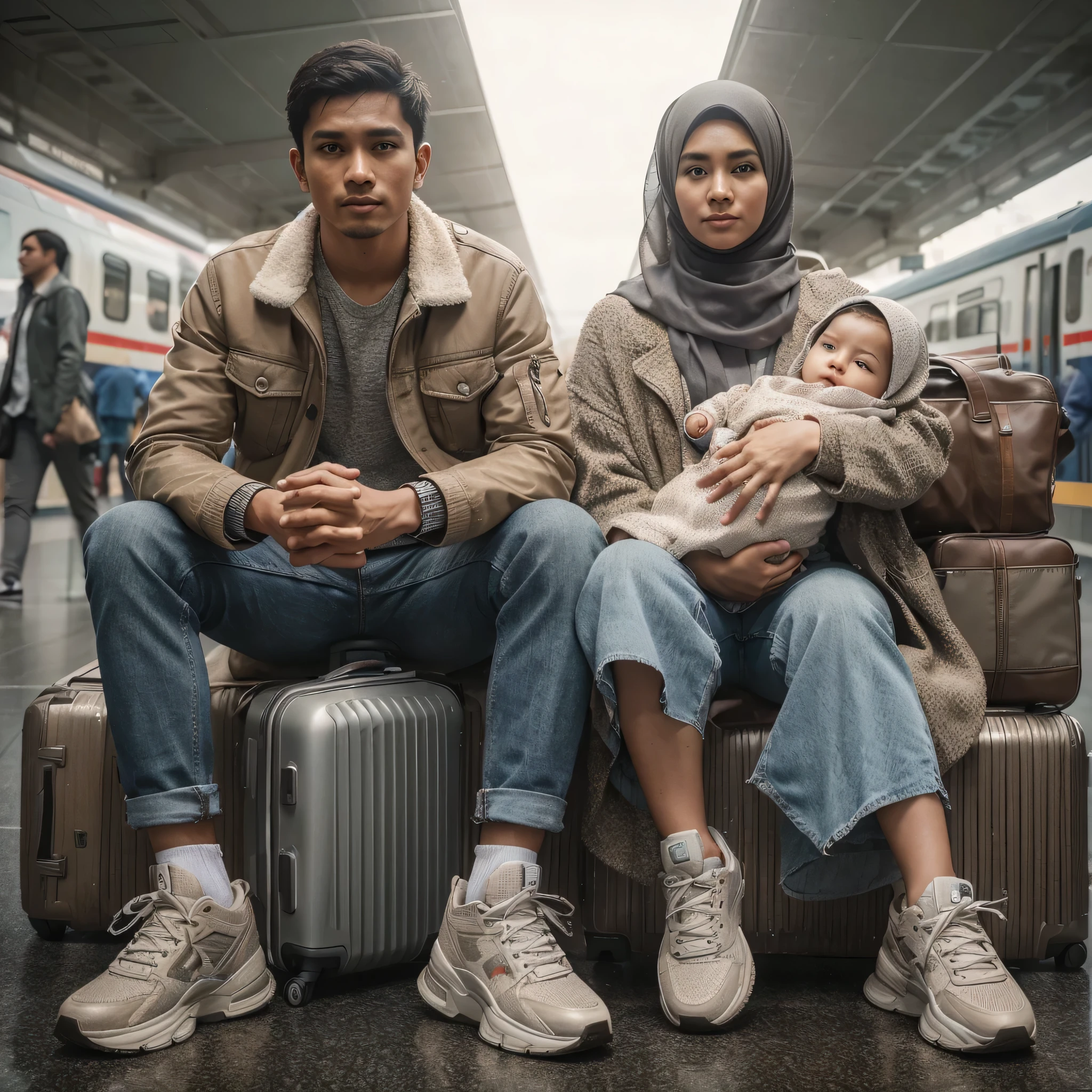 Group photo of 2 people, 1 handsome Indonesian man 25 years old with short hair, and 1 beautiful woman 25 years old wearing a hijab, wearing a modern casual style outfit, woman holding her 3 months baby, sneakers, man carrying a suitcase and bag, sitting on a pile of suitcases in the train station, face facing the camera, 800mm lens, realistic , hyperrealistic, photography, professional photography, deep photography, ultra HD, very high quality, best quality, mid quality, HDR photo, focus photo, deep focus, very detailed, original photo, original photo, ultra sharp, nature photo, masterpiece, award winning, shot with hasselblad x2d
