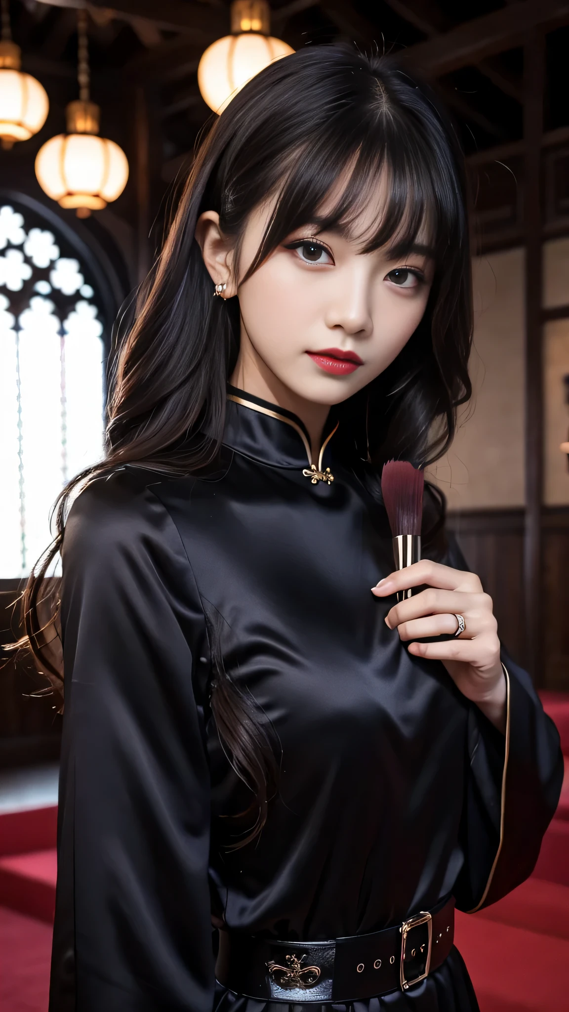 tra-detailed、2girls、Japanese、attractive beauty、seductive adult woman、pretty woman、piercing eyes、cool girl、wavy hair、swept bangs、Long Black Cheongsam、wide sleeves、Evil cadres、evil depravity、brainwash、mind control、lipstick、lip gloss、dark makeup、smirk、whisper in your ear、Evil expression、evil、hollow eyes,half-closed eyes、empty eyes、evil、church at night、vampire、succubus、vampire、makeup brush、Swear allegiance、stand