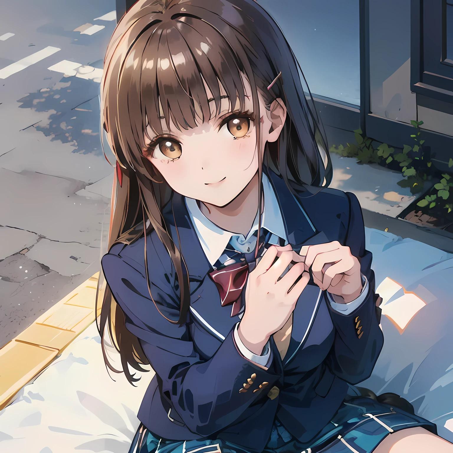 highest quality, (masterpiece:1.2), High resolution, perfect pixel, One so beautiful woman is standing, 16 years old, (((big very detailed beautiful dark brown eyes))), ((girly large wine-red glossy polyester Japanese school ribbon bow tie)), ((((very beautiful long straight straight hair)))), half up, ((((dark blue & deep navy colored tartan checkered formal skirt)))), ((A formal dark blue blazer that is slightly larger and has a gold emblem on the left chest that feels like the texture of the cloth.)), ((Looking up at the viewer and smiling)), Very fun, Very happy, mouth is open, the skirt is so cute, detailed fingers, modest chest, ((curled bangs)), ((Lip balm)), so beautiful, long eyelashes, ((Skirt and bow tie is photo realistic)), (((Touching your hair with your hands))), ((Showing viewers the beauty of straight hair)), ((very big girly hair ribbons)), ((Impressive and very beautiful eyes)), (((shot from above))), double eyelids, The entire skirt is photographed, ((((upward glance))))