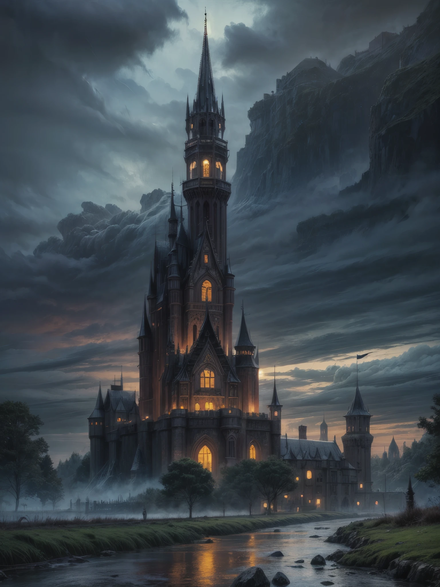 castle of shadows, dark atmosphere, dark fantasy, huge black walls, spiky towers, spiky roofs, gothic architecture, forest around the castle, daytime, cloudy weather, wide shot, 4K, highres, best quality, high quality, award winning, super detail, masterpiece