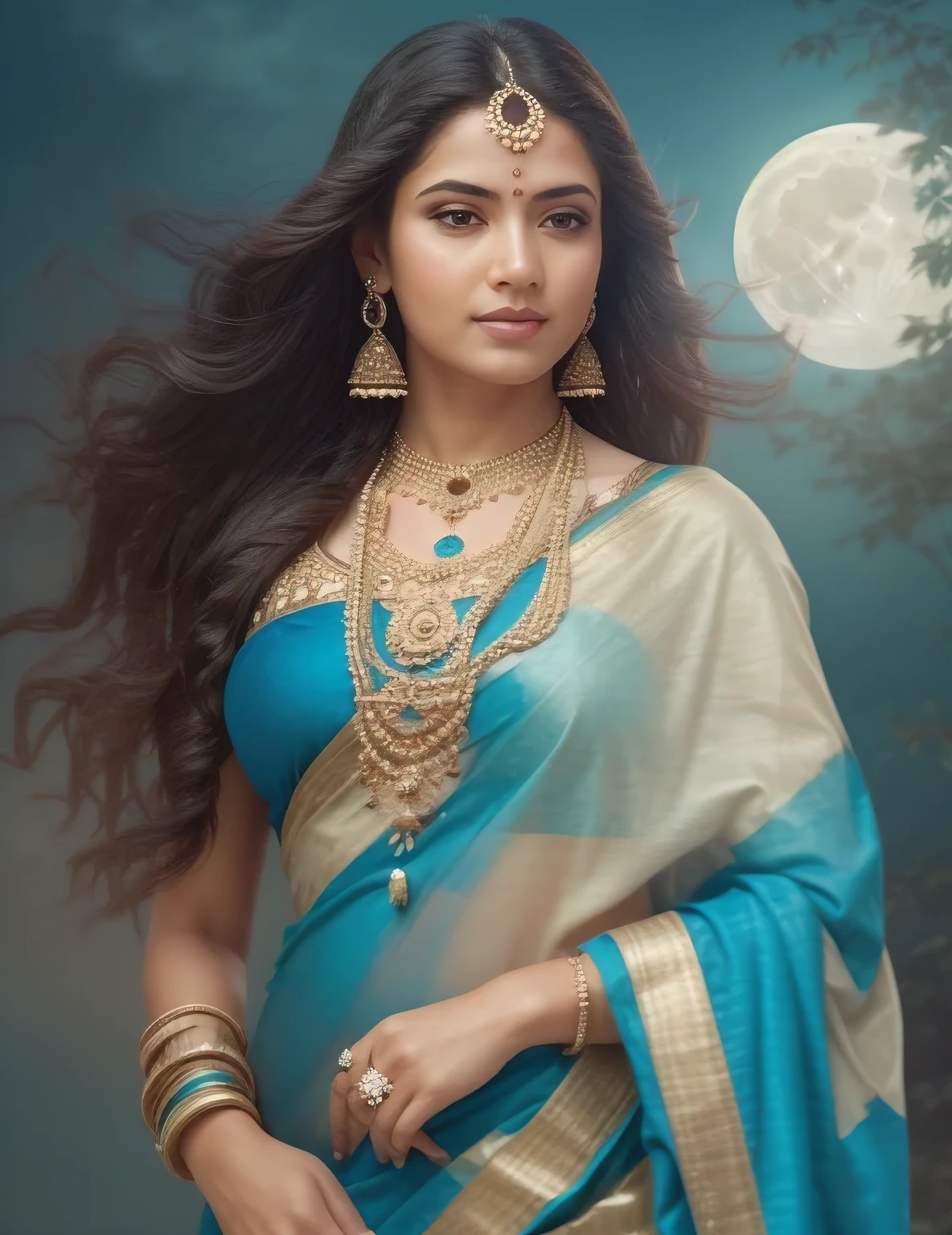 a woman in a blue sari with a moon in the background, a stunning portrait of a goddess, indian goddess, portrait of a beautiful goddess, beautiful goddess, beautiful character painting, painting of beautiful, long detailed hair, hair flowing, traditional beauty, portrait of a norse moon goddess, indian goddess of wealth, goddess portrait, moon goddess, goddess. extremely high detail, gorgeous woman, detailed skin, Detailed sexy face, detailed eyes, perfectly drawn fingers, 4k UHD