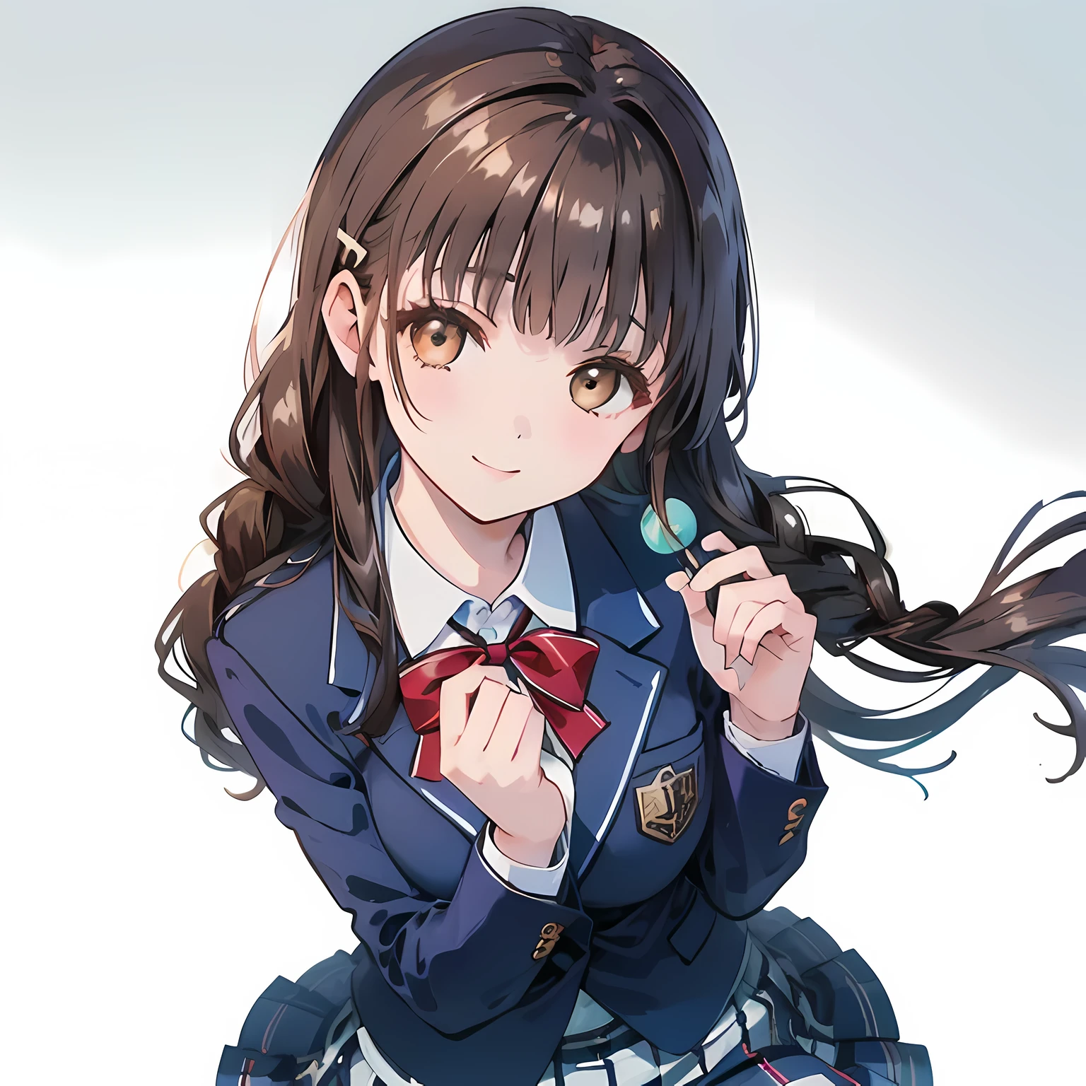 highest quality, (masterpiece:1.2), High resolution, perfect pixel, One so beautiful woman is standing, , (((big very detailed beautiful dark brown eyes))), ((girly large wine-red glossy polyester Japanese school ribbon bow tie)), ((((very beautiful long straight straight hair)))), half up, ((((dark blue & deep navy colored tartan checkered formal skirt)))), ((A formal dark blue blazer that is slightly larger and has a gold emblem on the left chest that feels like the texture of the cloth.)), ((Looking up at the viewer and smiling)), Very fun, Very happy, mouth is open, the skirt is so cute, detailed fingers, modest chest, ((curled bangs)), ((Lip balm)), so beautiful, long eyelashes, ((Skirt and bow tie is photo realistic)), (((Touching your hair with your hands))), ((Showing viewers the beauty of straight hair)), ((very big girly hair ribbons)), ((Impressive and very beautiful eyes)), (((shot from above))), double eyelids, The entire skirt is photographed, ((((upward glance))))