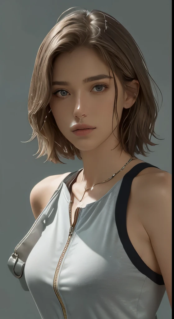 (masterpiece、highest quality、photorealistic、High resolution、photograph、:1.3)、very close up shot、sharp focus、one brunette girl、european girl、hot models、Highly detailed eyes and pupils、real skin、slim body shape、、small breasts、short cut hair、dark brown hair、delicate sexy face、sensual gaze、glossy lips、((Wearing a zip tank top sweatshirt))、((real、超real、realism、realなディテール)、gray background