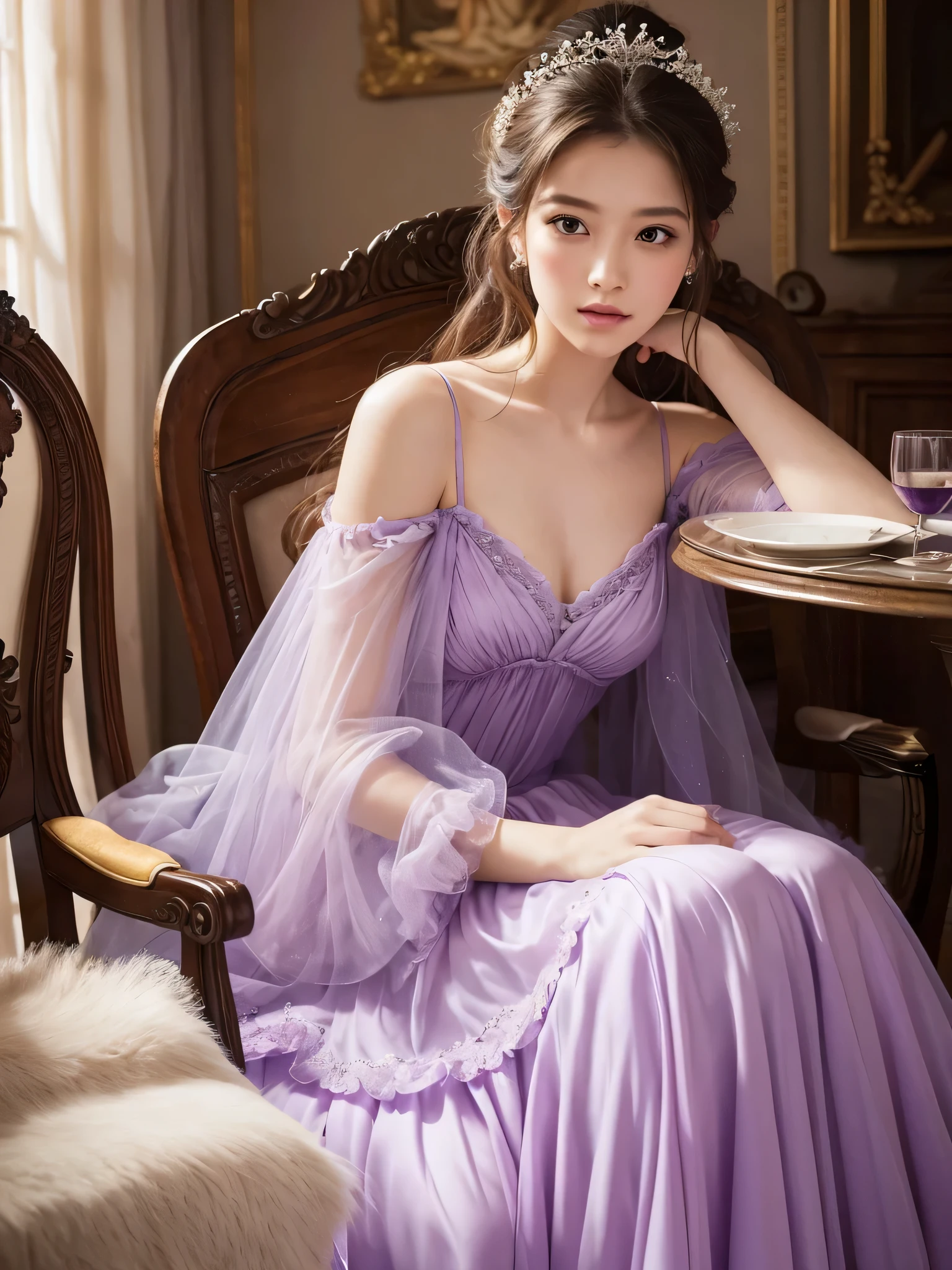 Arapé woman sitting at table wearing purple dress, Portraits inspired by Cynthia Shepherd, tumbler, Baroque, celestial fairy tale, very magical and dreamy, dreamy and heavenly, Subtle and dreamy, A lovely and languid princess, fantasy dress, magic dress, Soft and elegant gowns, dreamy style, heavenly beauty, very subtle, bright purple, wearing an organza gown, incredibly heavenly