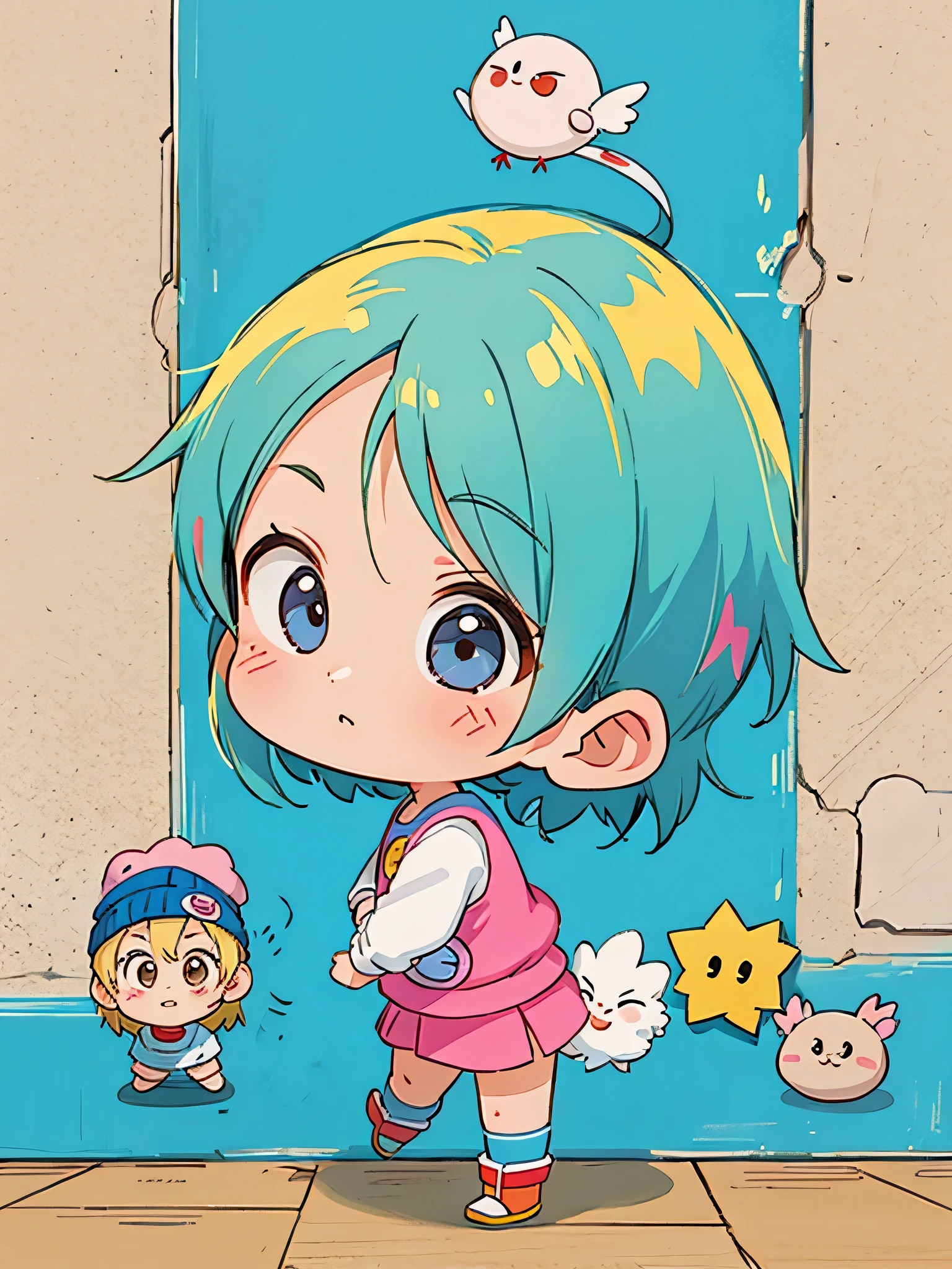akira toriyama style, Kawaii Design, most beautiful girl ever、Chibi, birdie、wall graffiti、The background is a high wall