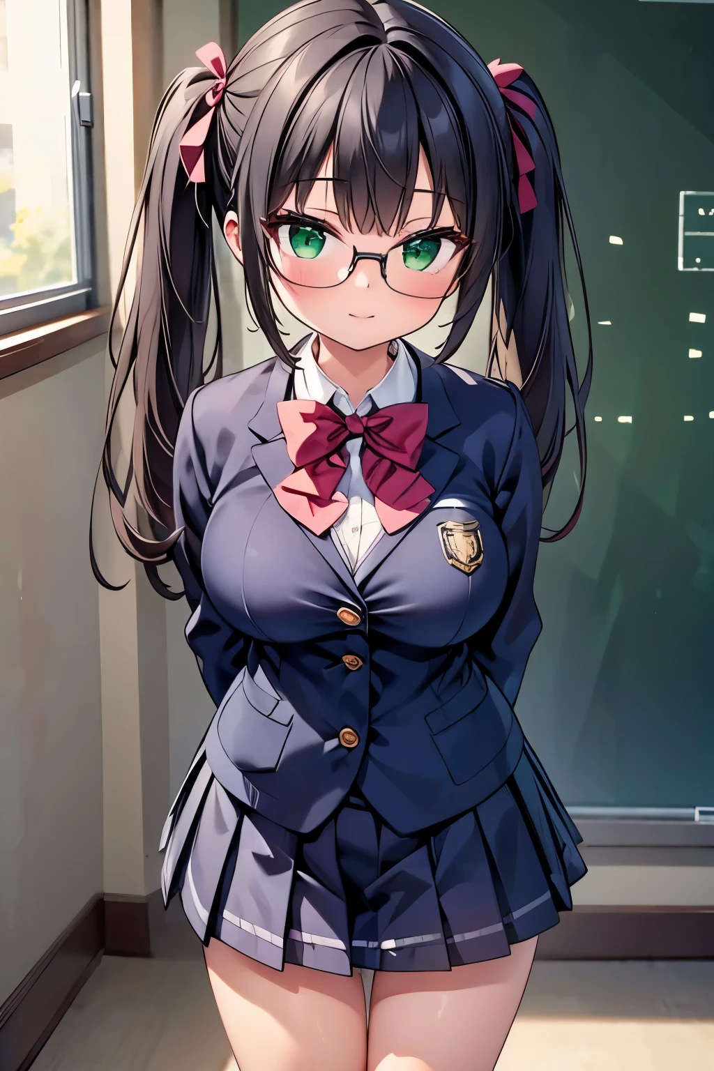 highest quality,wonderful,finely,extremely detailed CG unity 8k wallpaper,1 girl, big breasts,(school uniform:1.3), turn your arms behind your back, Transparent, black hair, glasses, green eyes,twin tails, highest quality,Super detailed,unity 8k wallpaper,game CG,