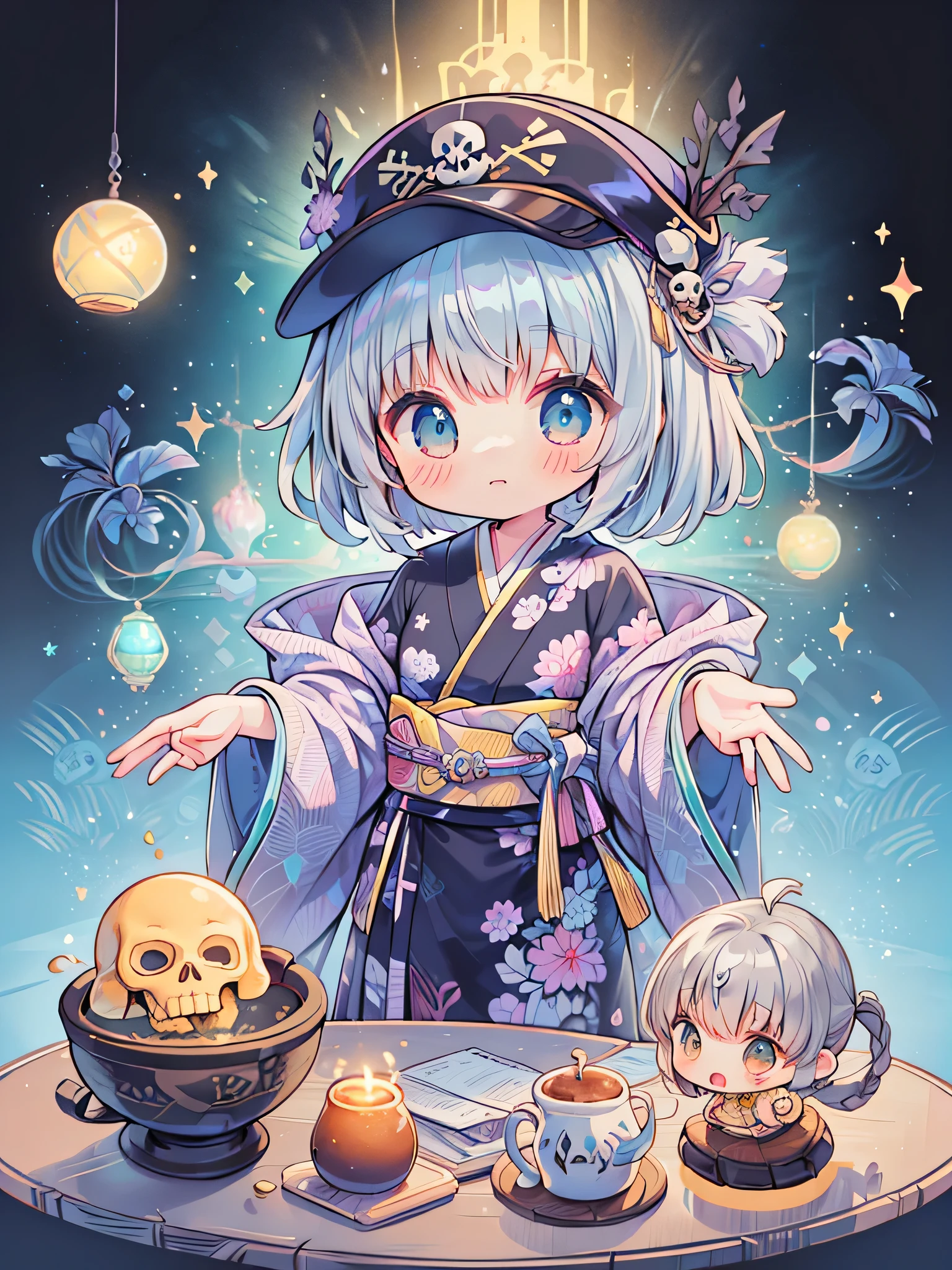 (table top),(highest quality),(floating),(High resolution),(dynamic angle),(beautiful japanese woman),(cute, cute, small, Chibi:1.3),posture like a goddess，female pirate style、gray hair、bob cut、skull fashion、alone、skull pattern hat
