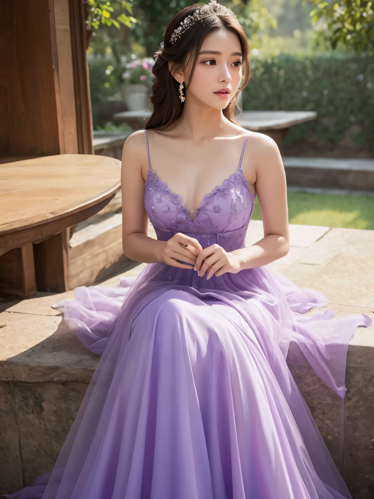 Arapé woman sitting at table wearing purple dress, celestial fairy tale, very magical and dreamy, dreamy and heavenly, Subtle and dreamy, A lovely and languid princess, fantasy dress, magic dress, Soft and elegant gowns, dreamy style, heavenly beauty, very subtle, wearing an organza gown, bright purple, incredibly heavenly, wearing a purple romantic tutu, romantic gown, lavender blusher