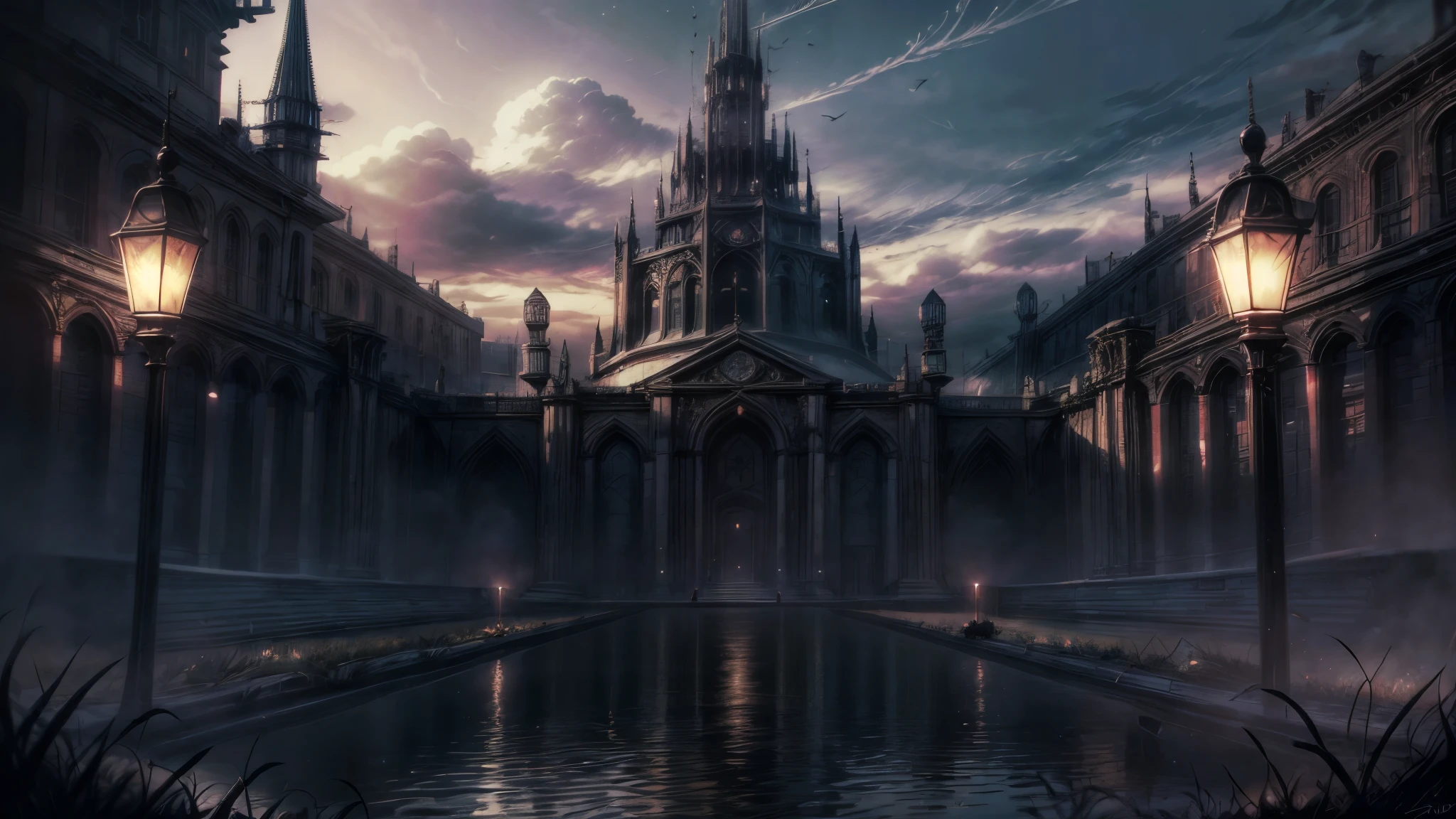 castle of shadows, dark atmosphere, dark fantasy, huge black walls, spiky towers, spiky roofs, gothic architecture, forest around the castle, daytime, cloudy weather, wide shot, 4K, highres, best quality, high quality, award winning, super detail, masterpiece