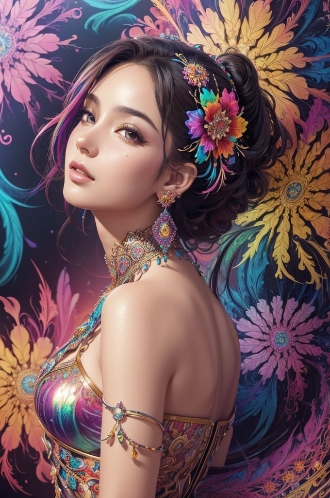 (​masterpiece、top-quality、top-quality、Official art、Beautifully Aesthetic:1.2)、(1girl in:1.3)、ighly detailed、(Fractal Art:1.1)、(colourfull:1.1)(florals:1.3)、highestdetailed、(Zentangle:1.2)、(dynamicposes)、(Abstract background:1.3)、(Chinese Traditional Cloth:1.2)、(shinny skin)、(Many colors:1.4)、、(耳Nipple Ring:1.4)、Colossal tits、 are protruding。