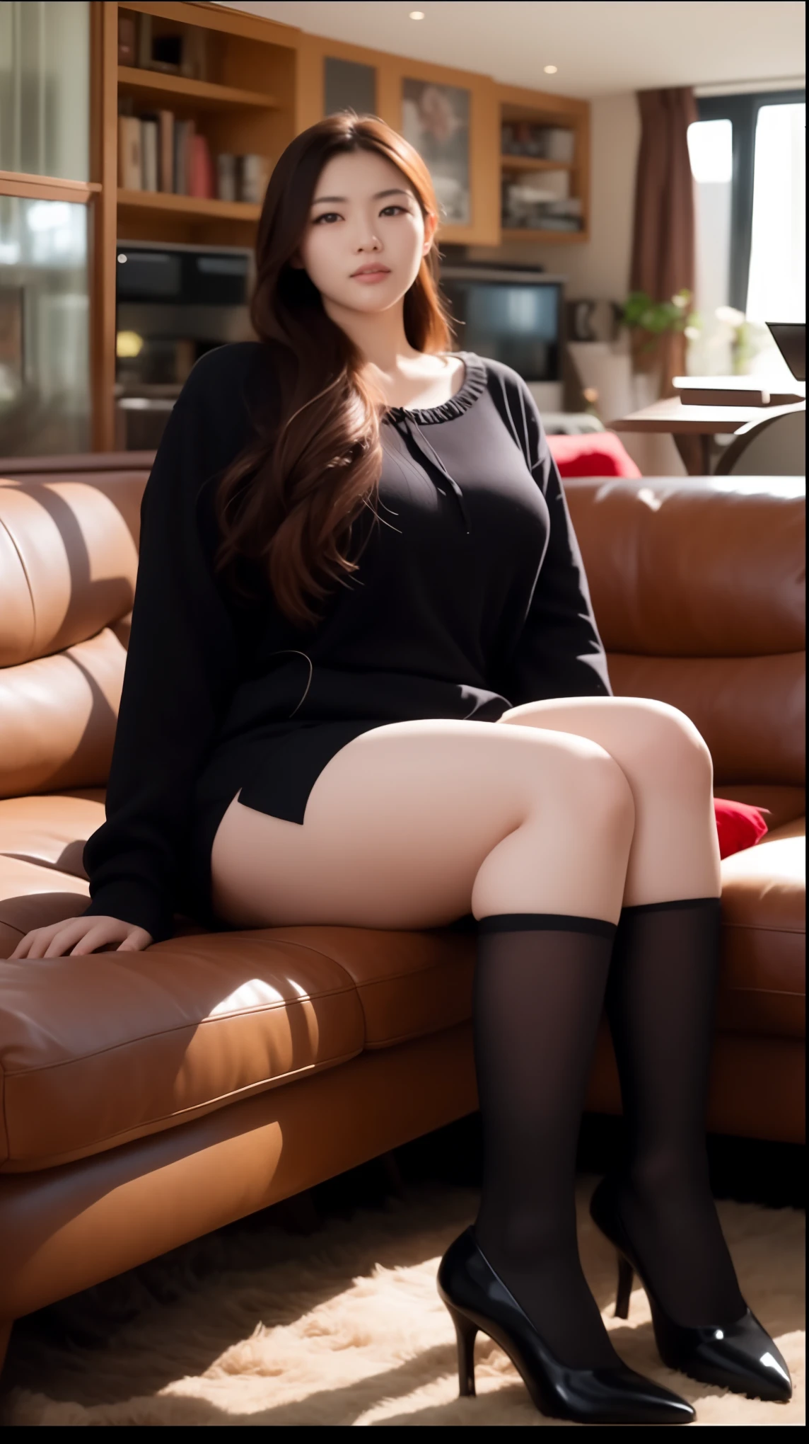 Araf woman wearing black dress and black shoes sitting on sofa, korean girl, Asian girl, juicy legs, Sitting on the sofa, stockings and skirt, Leg and thigh shots, Very realistic, Asian women, Japanese model, Thick legs, legs crossed, legs crossed, very Very realistic, sexy girl, Asian, whole leg, big thighs