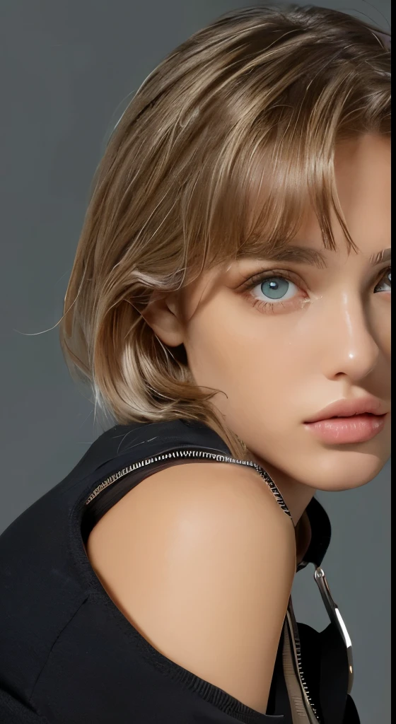 (masterpiece、highest quality、photorealistic、High resolution、photograph、:1.3)、very close up shot、sharp focus、one brunette girl、european girl、hot models、Highly detailed eyes and pupils、real skin、slim body shape、、small breasts、short cut hair、dark brown hair、delicate sexy face、sensual gaze、glossy lips、((Wearing a zip tank top sweatshirt))、((real、超real、realism、realなディテール)、gray background