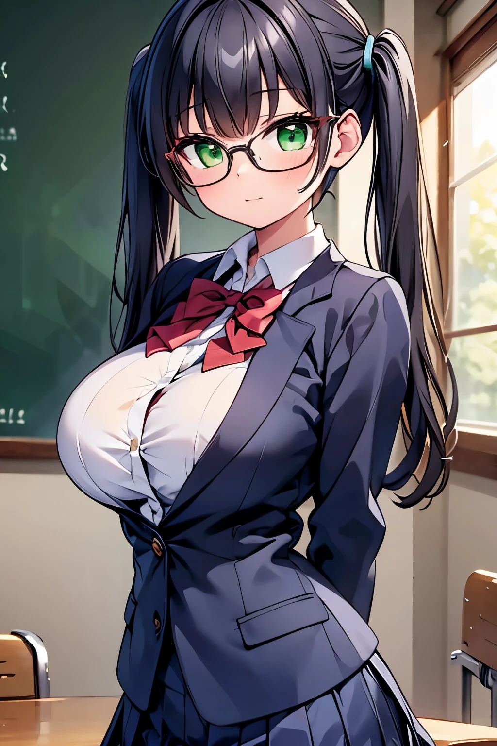 highest quality,wonderful,finely,extremely detailed CG unity 8k wallpaper,1 girl, big breasts,(school uniform:1.3), turn your arms behind your back, Transparent, black hair, glasses, green eyes,twin tails, highest quality,Super detailed,unity 8k wallpaper,game CG,