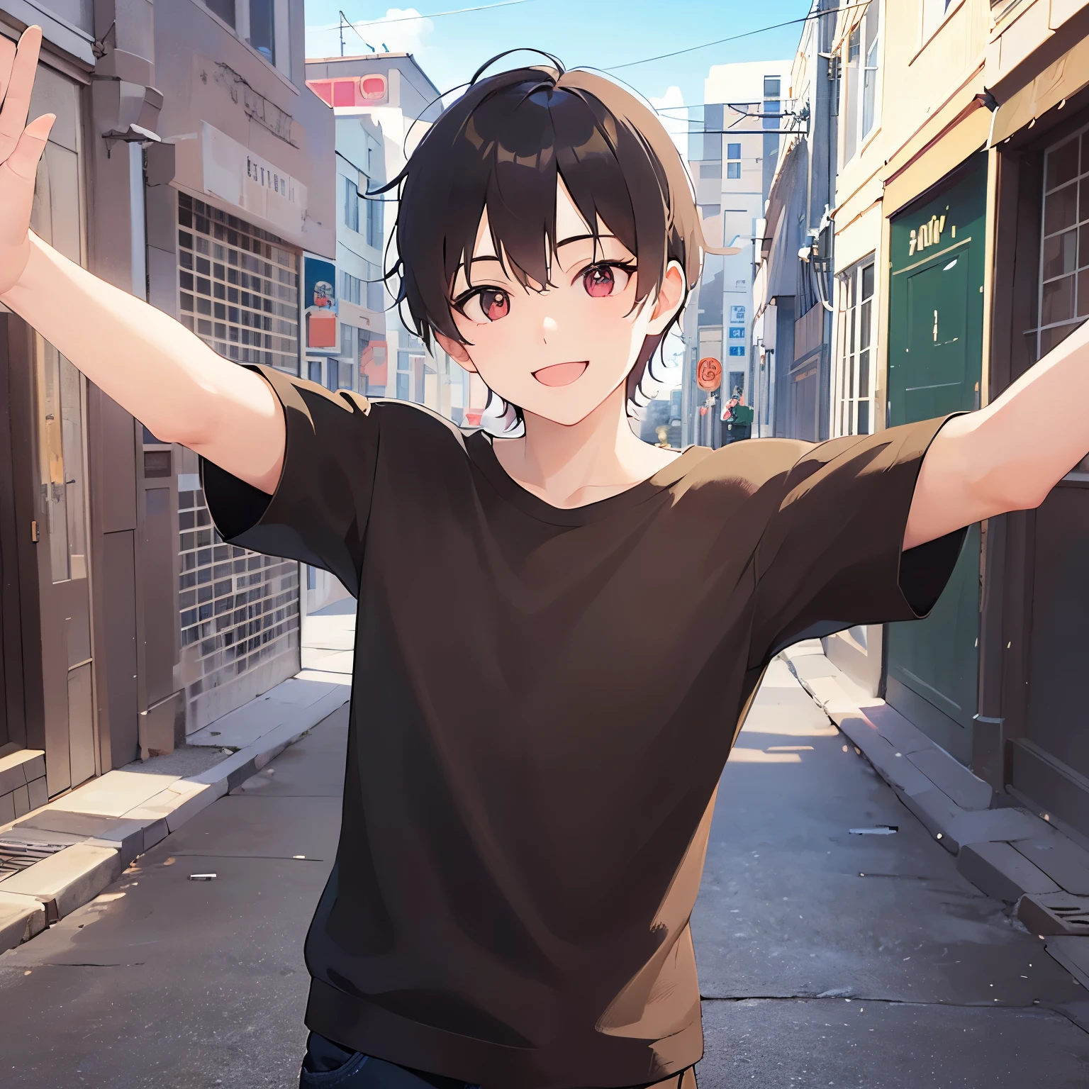 (outstretched arms:1.3), selfie, Upper Body, Realistic, real person, RAW photo, photorealistic, portrait photography, shining screen, masterpiece、highest quality、(25 year old male:1.5) and (brown short hair) and (red eyes), Wearing a plain black T-shirt、Are standing、(smile:1.5)、open mouth, background is outside、(Alone:1.5)