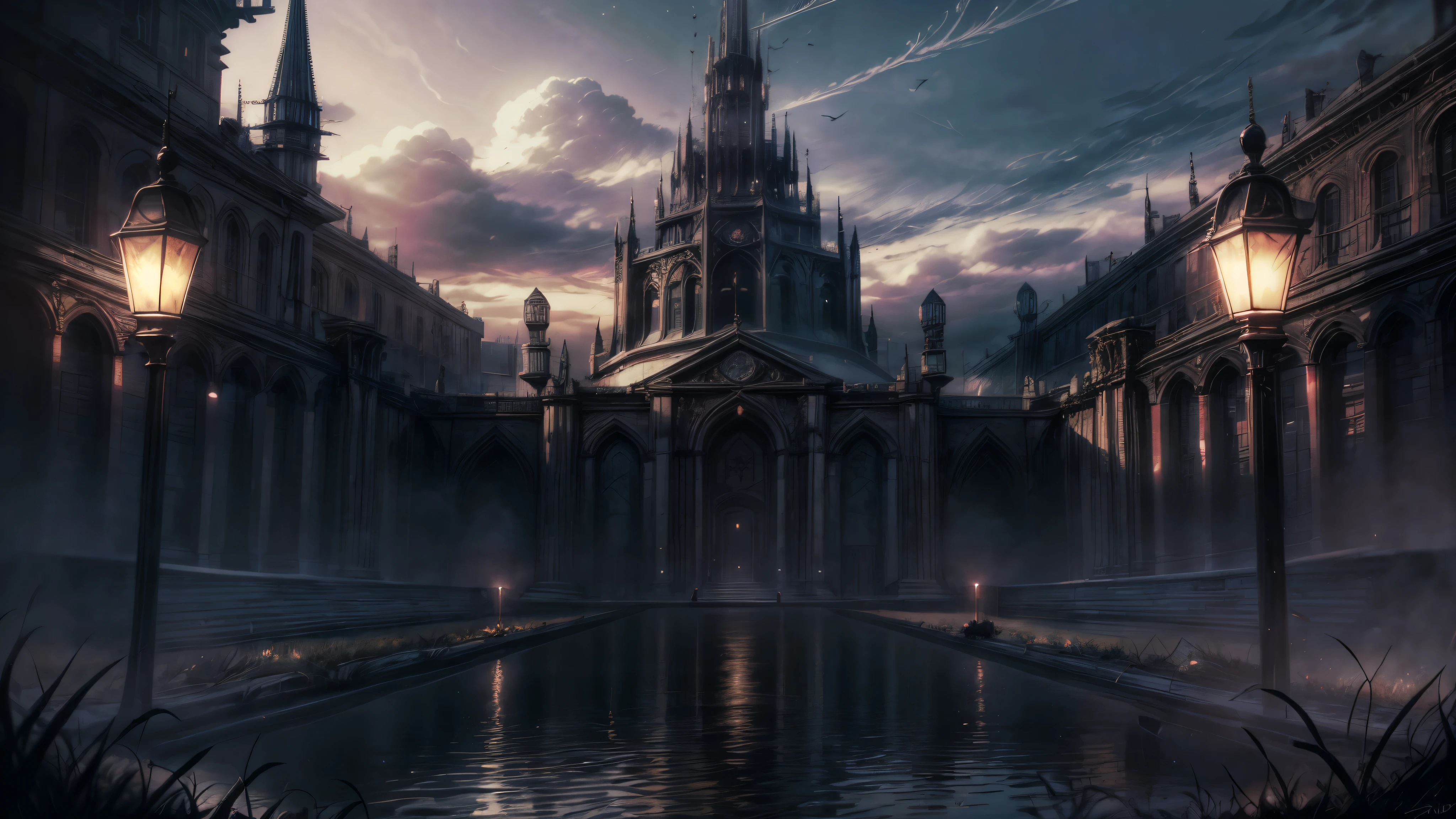 castle of shadows, dark atmosphere, dark fantasy, huge black walls, spiky towers, spiky roofs, gothic architecture, forest around the castle, daytime, cloudy weather, wide shot, 4K, highres, best quality, high quality, award winning, super detail, masterpiece