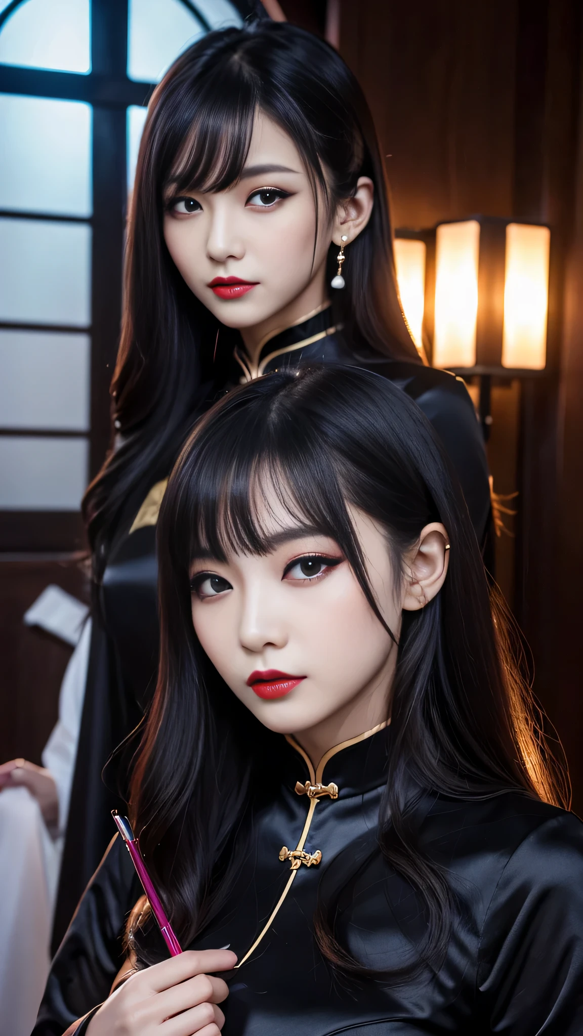 tra-detailed、2girls、Japanese、attractive beauty、seductive adult woman、pretty woman、piercing eyes、cool girl、wavy hair、swept bangs、Long Black Cheongsam、wide sleeves、Evil cadres、evil depravity、brainwash、mind control、lipstick、lip gloss、dark makeup、smirk、whisper in your ear、Evil expression、evil、hollow eyes,half-closed eyes、empty eyes、evil、church at night、vampire、succubus、vampire、makeup brush、Swear allegiance、stand
