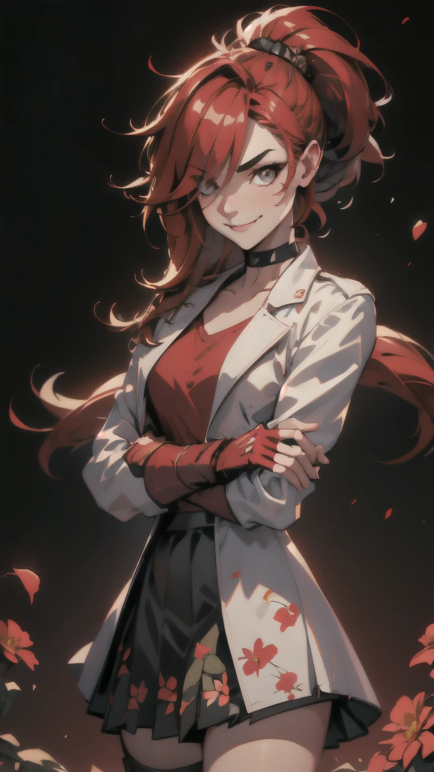 (best quality:1.2),solo,1girl,mdrin,smile,looking at viewer,crossed arms,ponytail,v-shaped eyebrows,white jacket,red shirt,fingerless gloves,black skirt,choker,illustration,floral garden background,warm color tones,soft lighting, Hair over one eye, ultra long hair, standing on hooftop, long boots