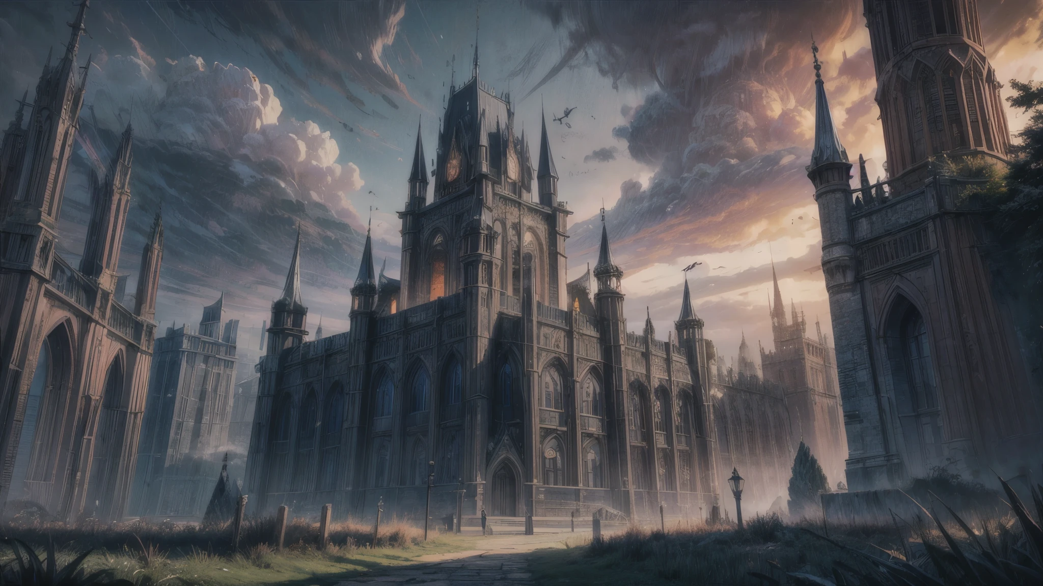 castle of shadows, dark atmosphere, dark fantasy, huge black walls, spiky towers, spiky roofs, gothic architecture, forest around the castle, daytime, cloudy weather, wide shot, 4K, highres, best quality, high quality, award winning, super detail, masterpiece