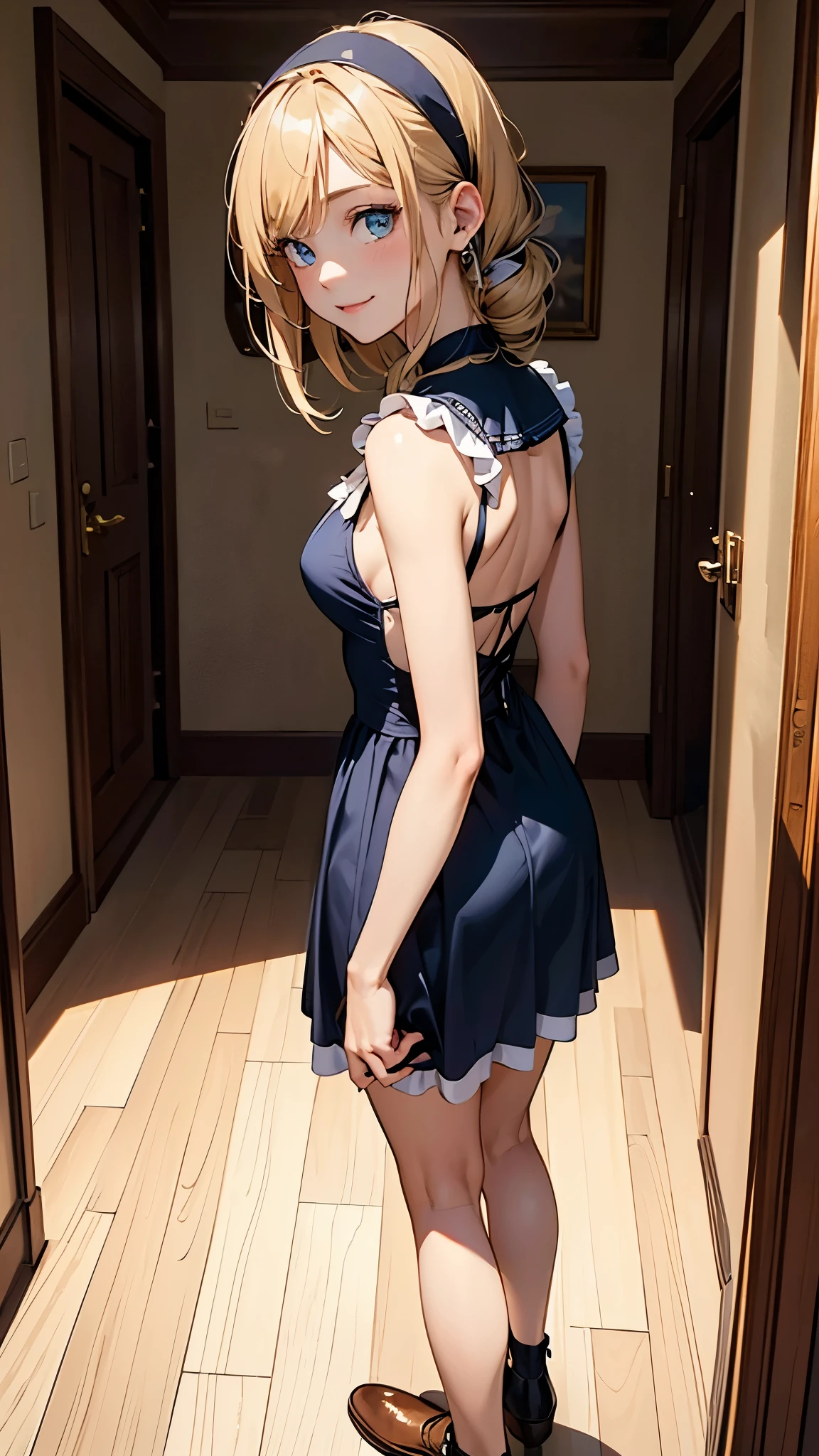 (masterpiece, highest quality, highest quality,official art),(1 girl:1.3),(attractive girl),((masterpiece, highest quality))、8K、one woman、(26 years old)、((blonde))、shortcut、attractive woman、blue eyes、Big eyes、sparkling eyes、Beautifully drawn eyes、challenging smile、small bust、blue gothic maid、white headband、(look back)、Knee to head、Corridor of a luxurious house、aerial perspective、pure、transparent、Light、Light、