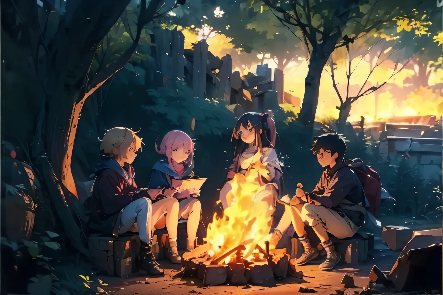 ((masterpiece)), ((best quality)), (ultra-detailed), ((kawaii)), cute, (lovely), ((sexy)), (ero), ((extremely detailed)), 4K, (8K), best quality, (beautiful), anime style, a group of people sitting around a campfire in the woods, at a campfire in the forest, at a campfire at night, campfire, bonfire, anime wallpaper, campfire, Pleasant night fireflies, anime background, anime picture, light novel cover picture, fantasy style anime, anime yurucamp, campfire background, Talking around the fire, evening!! in the forest