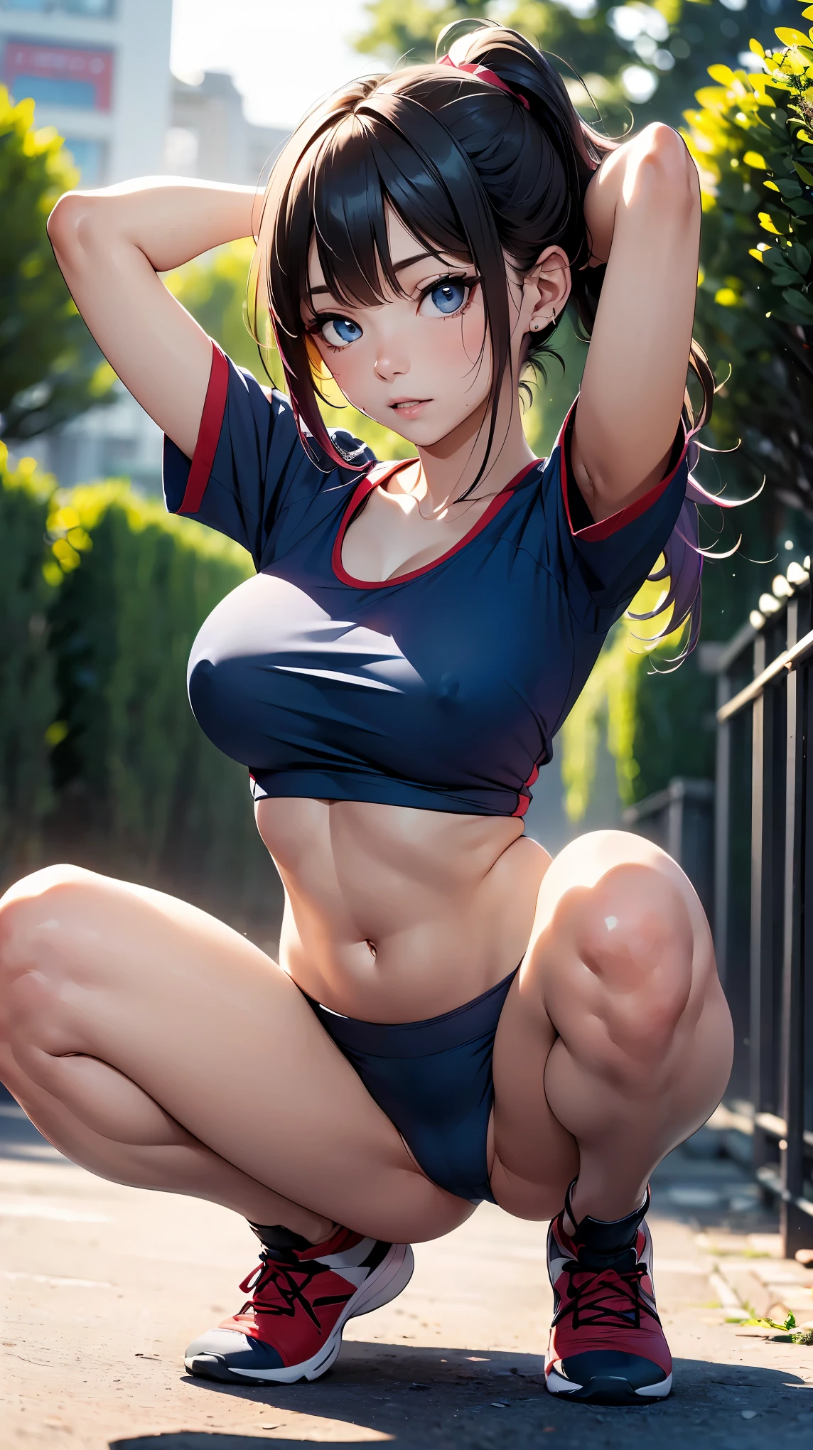(8K, Raw photo, 最high quality, masterpiece:1.2), High-definition RAW color photo, Professional photo shoot, cinematic light, alone, (((young woman))), (detailed expression), (small face), (high detail skin:1.2), clavicle, cute face, beautiful appearance, long eyelashes, (pale purple hair, side ponytail), attractive big breasts, (slim body shape:1.4, A woman with a slender figure and large breasts), very detailed顔と肌の質感, fine eyes, beautiful feet, Thighs with thin and smooth skin, (((embarrassing:1.5))), ((spread your legs, photo shootのためポーズをとる, sexy pose, squat with legs apart)), (magic hour:1.5), Joy and excitement, sweating:1.37, ((put your hands behind your head, sexy shot, Gym clothes with short sleeves:1.1, Dark blue bloomers)), ((pervert slut:1.1)), night school:1.5, beautiful skin, shiny skin, perfect fingers, five fingers, anatomically correct, background bokeh, high quality, surreal, bright colors, ((f/1.2, 50mm, Lens flare, very detailed, photo shoot)),