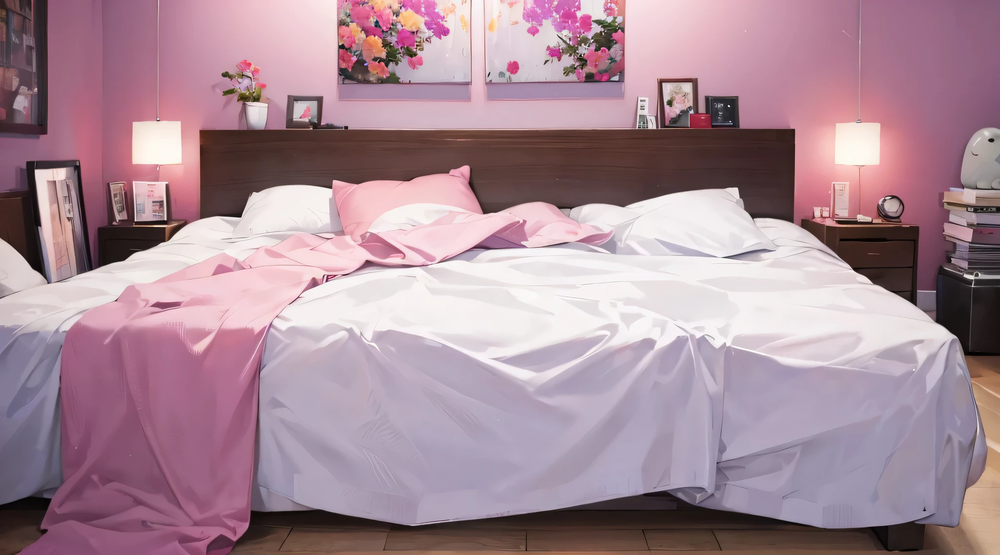 pink wall background、No person、Looking up from the bed、night、dark lighting