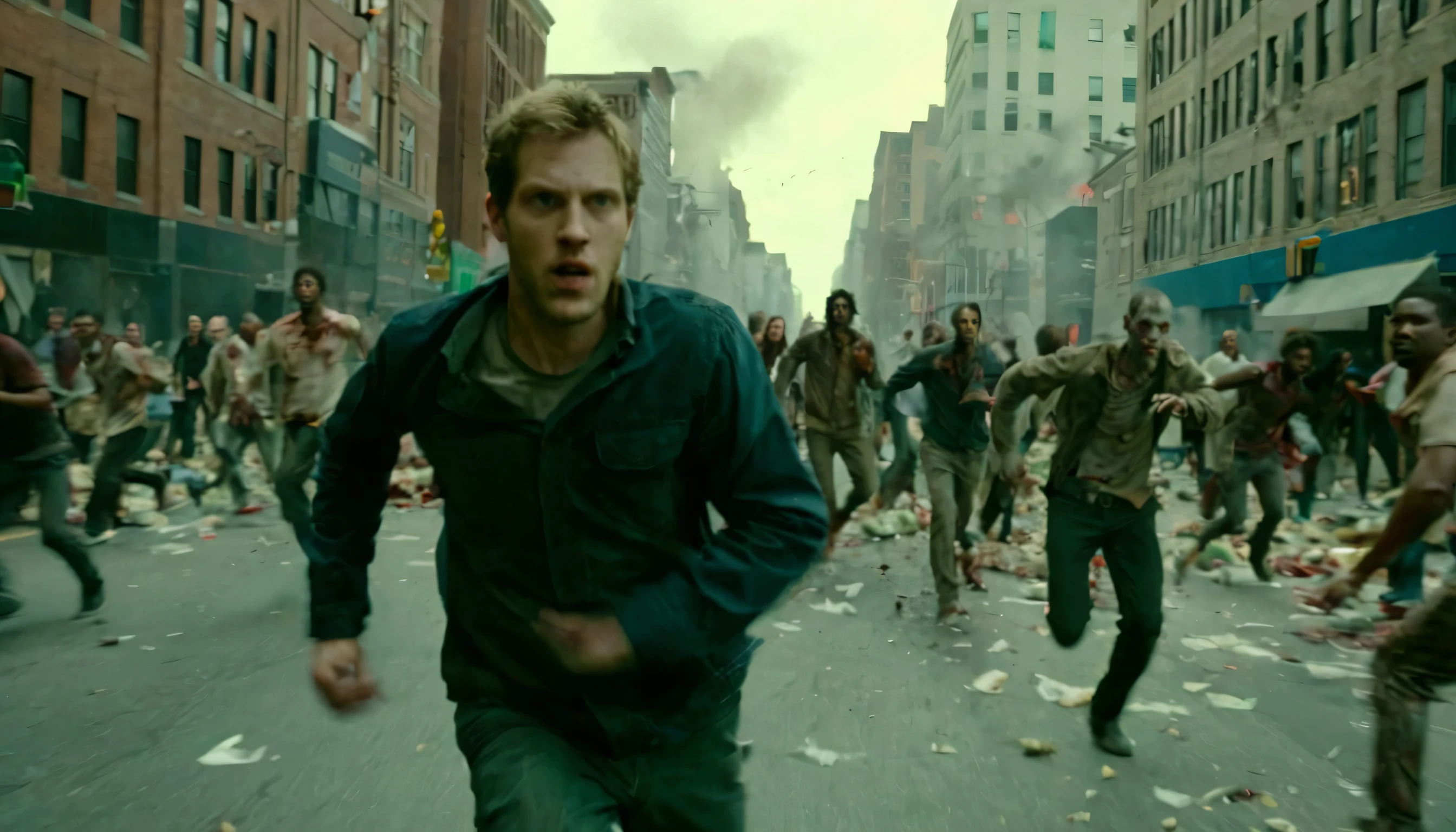 Generate an image of a chaotic scene on a city street where zombies are in various states of movement. Focus on one white male who is running towards the camera, seemingly trying to escape from the zombies. Full body shot. Wide angle camera. The buildings in the background are intact but the atmosphere conveys urgency and danger. The streets are in a mess with debris, garbage, and blood