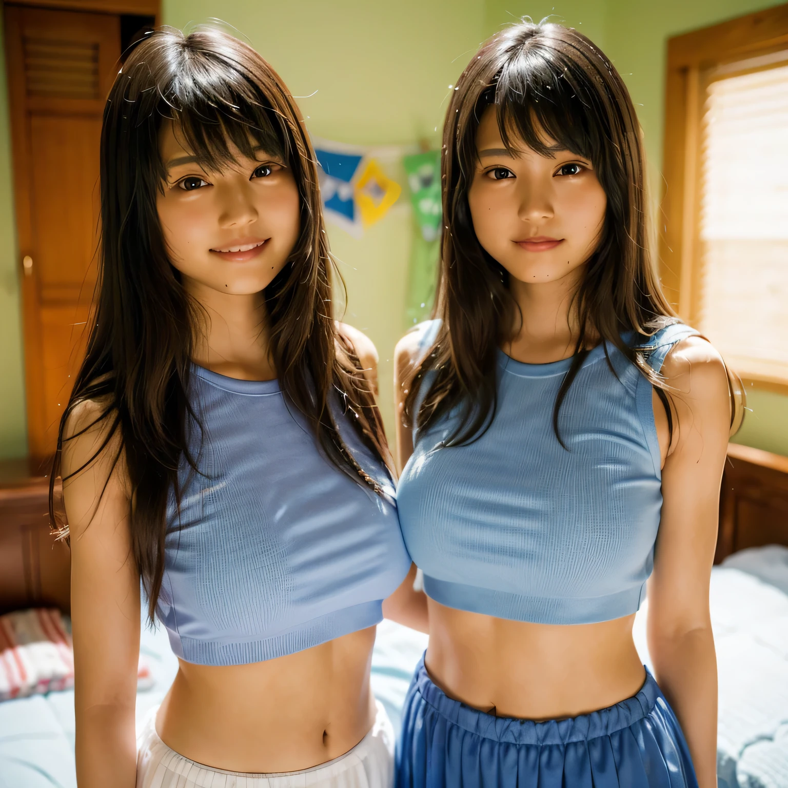 Japanese、identical twin sisters、16 years old、maior, (((huge tit))), slim figure, femele, Blue Sleeveless T-Shirt, White chiffon skirt, a smile, bedroom, bangss, a junior high school student, stright long hair,realskin, Oren juice