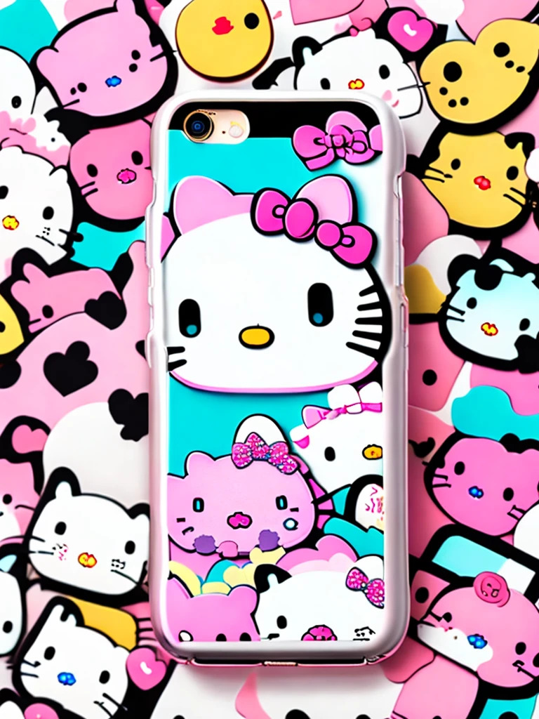 iPhone 15pro case covered in hello Kitty stickers, 4K, no background