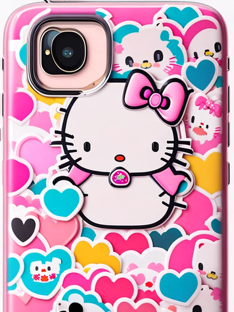 iPhone 15pro case covered in hello Kitty stickers, 4K, no background