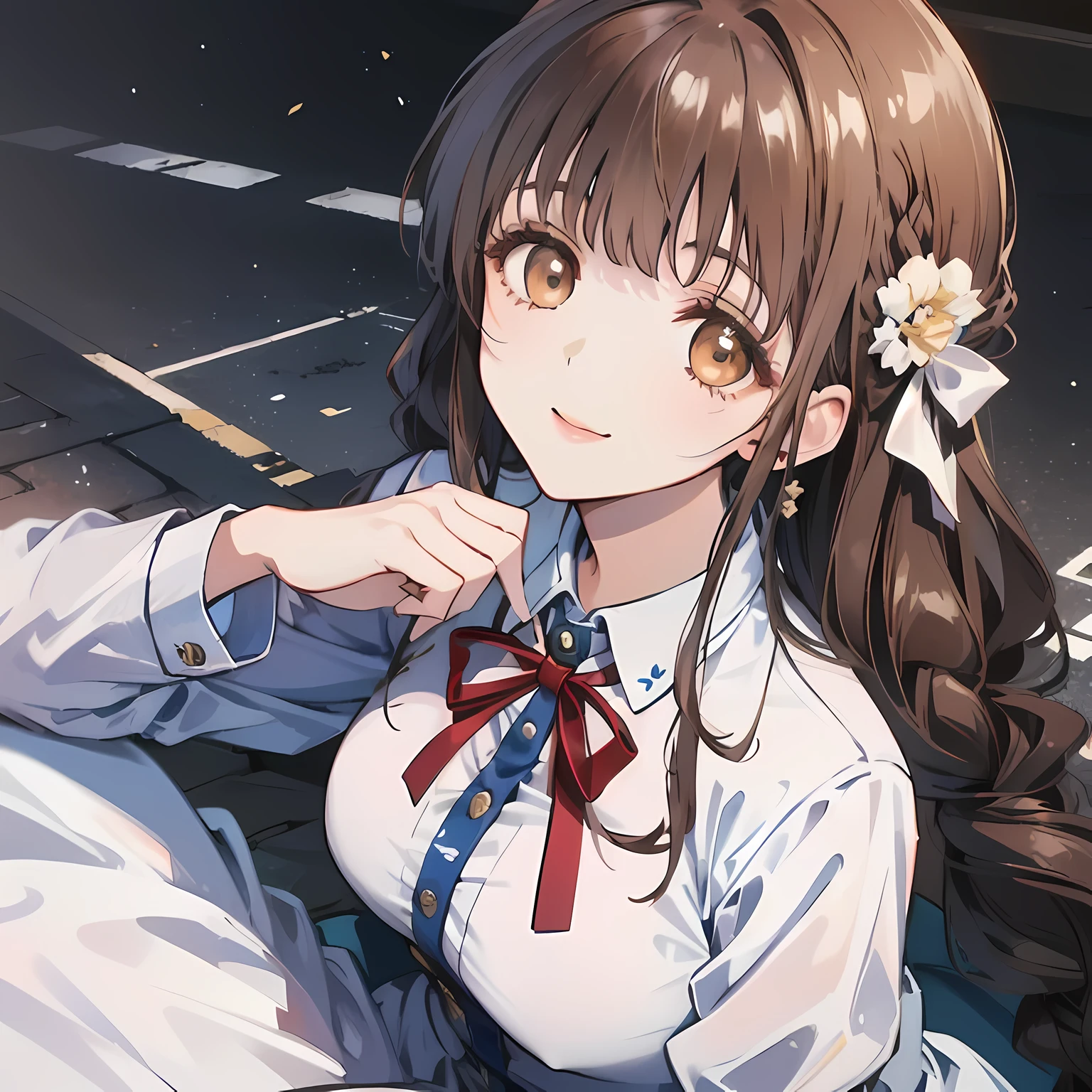 highest quality, (masterpiece:1.2), High resolution, perfect pixel, One so beautiful woman is standing, , (((big very detailed beautiful dark brown eyes))), ((luxurious dress like a princess)), ((((very beautiful long straight straight hair)))), half up, ((Looking up at the viewer and smiling)), Very fun, Very happy, mouth is open, the skirt is so cute, detailed fingers, modest chest, ((curled bangs)), ((Lip balm)), so beautiful, long eyelashes, ((dress is photo realistic)), (((Touching your hair with your hands))), ((Showing viewers the beauty of straight hair)), ((very big girly hair ribbons)), ((Impressive and very beautiful eyes)), (((shot from above))), double eyelids, ((((upward glance))))