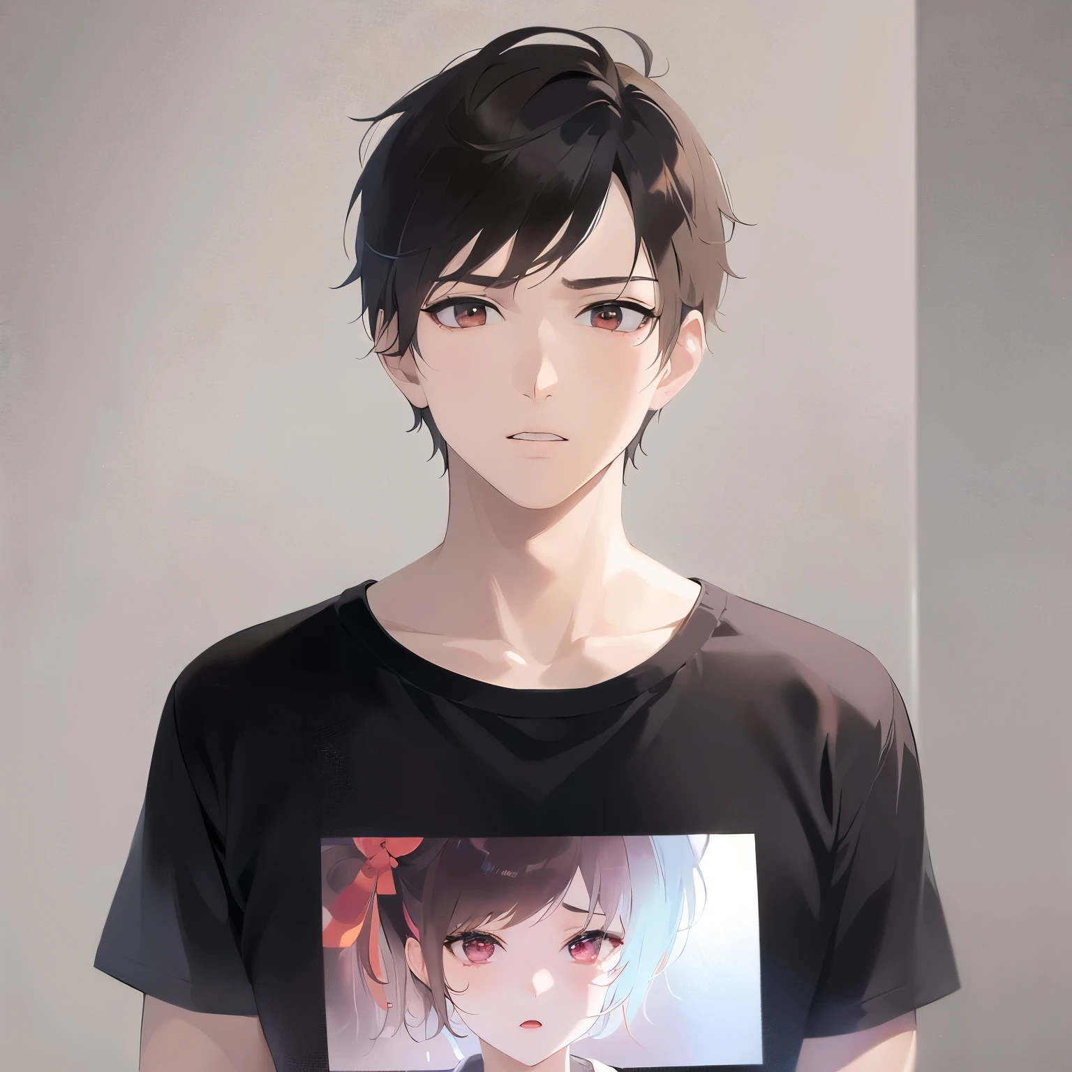Upper Body, Realistic, real person, RAW photo, photorealistic, portrait photography, shining screen, masterpiece、highest quality、(25 year old male:1.5) and (brown short hair) and (red eyes), Wearing a plain black T-shirt、Are standing、serious expression、open mouth, background is outside、(Alone:1.5)