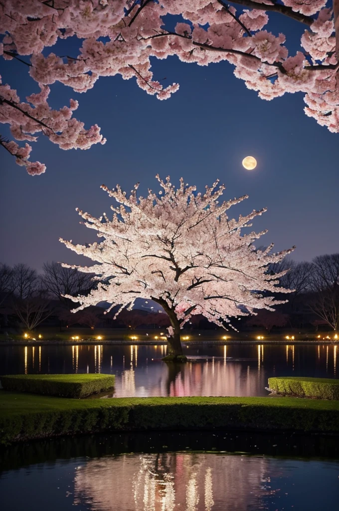 A huge cherry tree in full bloom towers over the center of the lake.、A huge tree full of cherry blossoms in full bloom、huge moon in the background、A fantastic view of the cherry blossoms illuminated at night