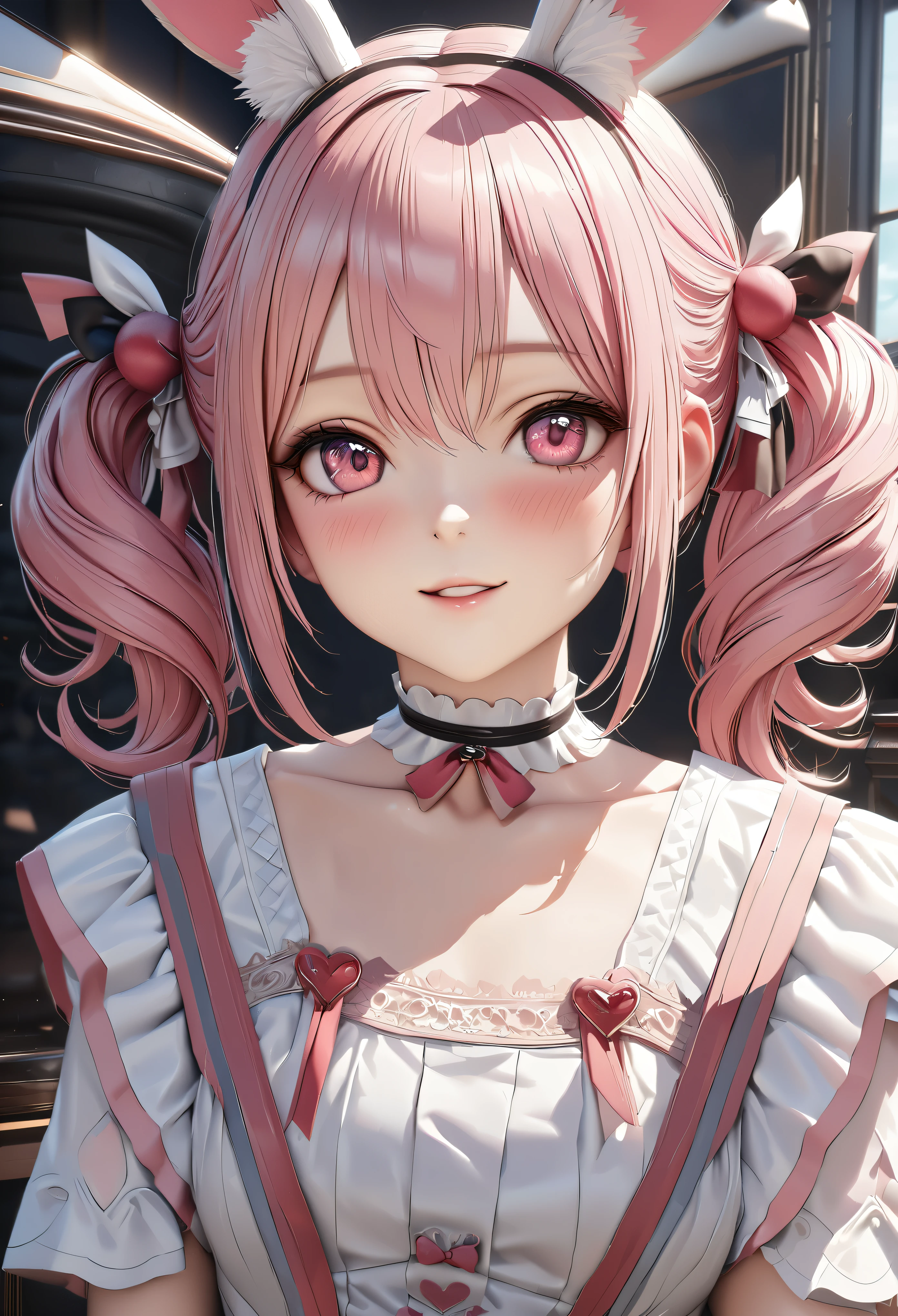 Top quality, best quality, super detailed, hi-res, high resolution, HDR, 4k, 8k, unity 8k wallpaper, highly detailed CG, masterpiece, realistic, photorealistic, 2D, 3D, beautiful details, depth, fine textures , ultra-fine: 1.3, fully focused, crispy.skin, .berak,
Very cute anime girl with pigtails hair in a pink bun dressed like a doll, smile,one girl, solo, pink hair, animal ears, mole under the eyes, looking at viewer, dress, blush, white Dress, mole, bunny ears, parted lips, hair ornament, heart, pink eyes, choker