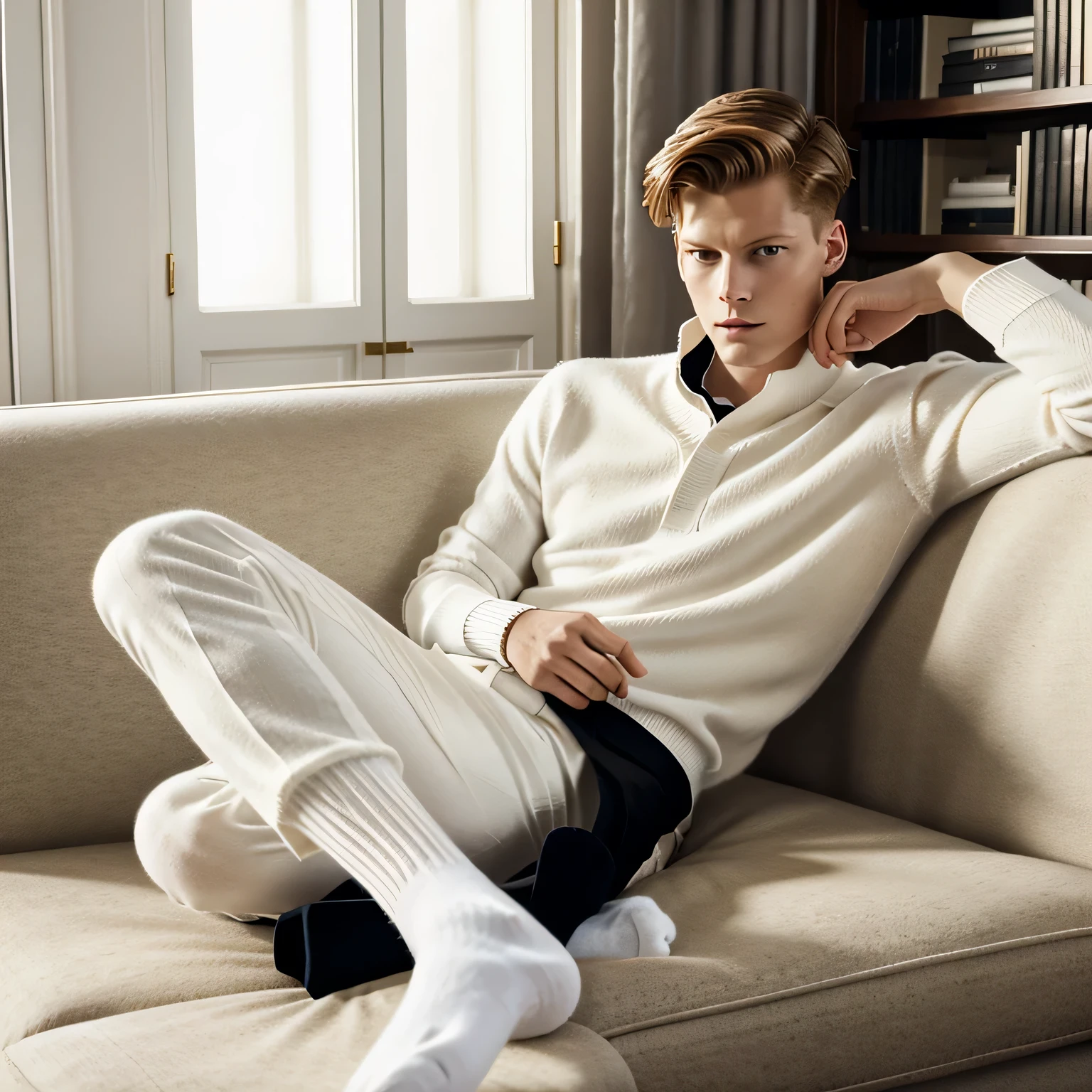 full view full body, blond teen-ager boy Aaron Carter with clean undercut haircut, silver rings, wearing siny orange latex suit and white 'Heron Preston' socks, lying on couch in his luxurious living-room of his manor