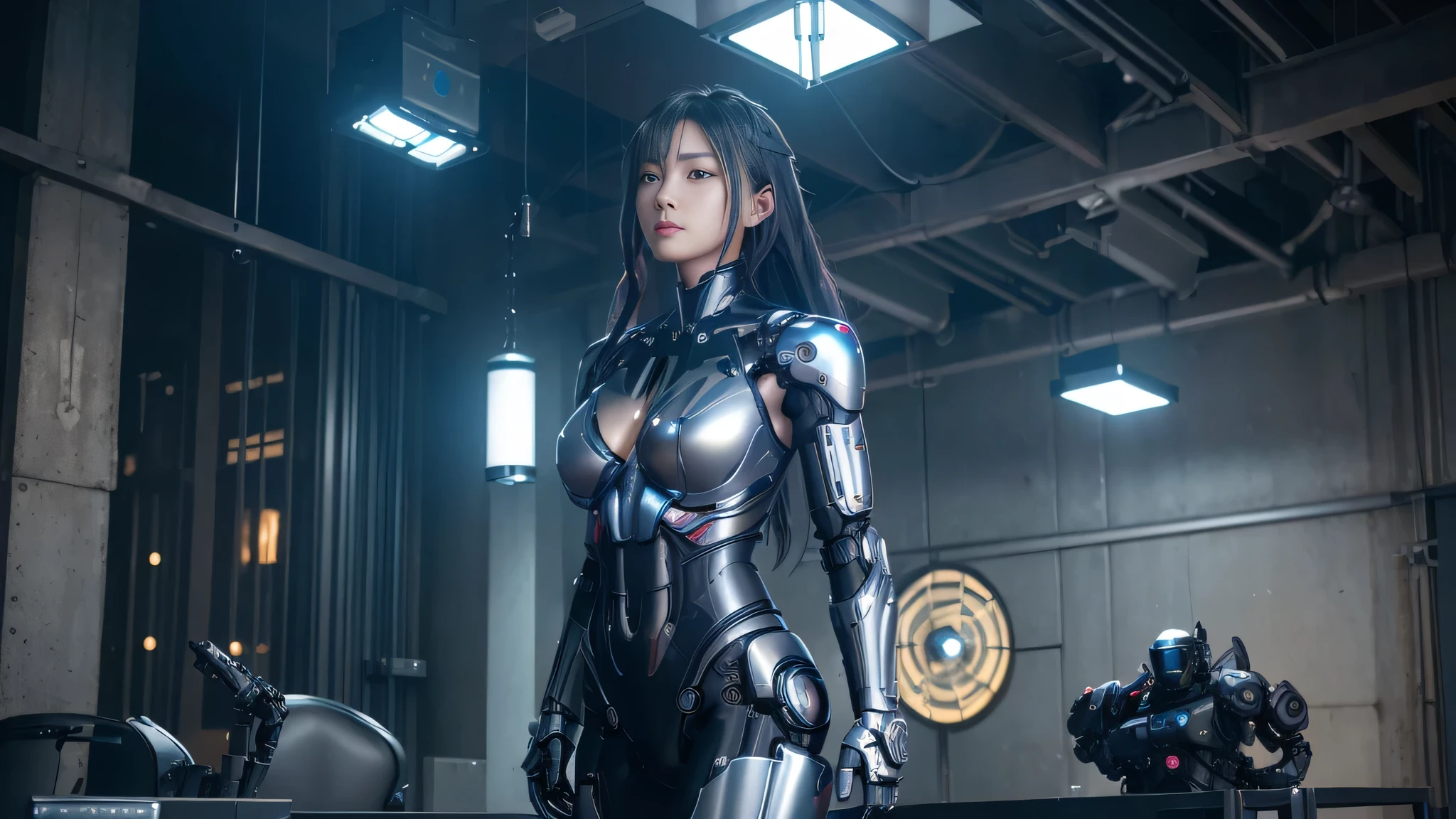 masterpiece、((black metallic talic scale ))、 ((plug suit)), ((beautiful girl:1.2))、i don't'T'T'T'Mechanized bodies do noT exisT、Mechanized chest and abdomen、mechanized occiput、Mecha leg rack metallic suit that fits perfectly to the body、 Are standing、tied up、meTal robot、((cyberpunk background))、(neon light)、(Futuristic machine factory background)、Cyberdyne、Artificial bodies、All metal body、ironwork、abdominal mechanism、((robot arm and hand))、((robot'legatine neck))、Inside the spaceship、beautiful girl、、asian beauty, (Actuator and cable exposed from abdomen.、Connect from neck to body of metal robot、Complex 3d rendering beauTiful porcelain profile super get used to itd female android face、cyborg、robot parTs、150mm、Soft light in a beautiful studio、rim light、vivid details、gorgeous cyberpunk、Ren Hao、Super realistic、anatomical、facial muscles、cable wire microchip、elegant、beautiful background、octane rendering、HR giger style、8K、highest quality、masterpiece、enlightenment、very delicate and beautiful、 Very get used to it CG、unity、wall-、(realistic、Photoreal:1.37)、wonderful、get used to it、masterpiece、highest quality、official art、Highly get used to itd CG unity 8K wallpaper、absurd、incredibly absurd、、robot、silver beads、Full body Esbian、 Are standing,perfect body,(Lie:1.3)