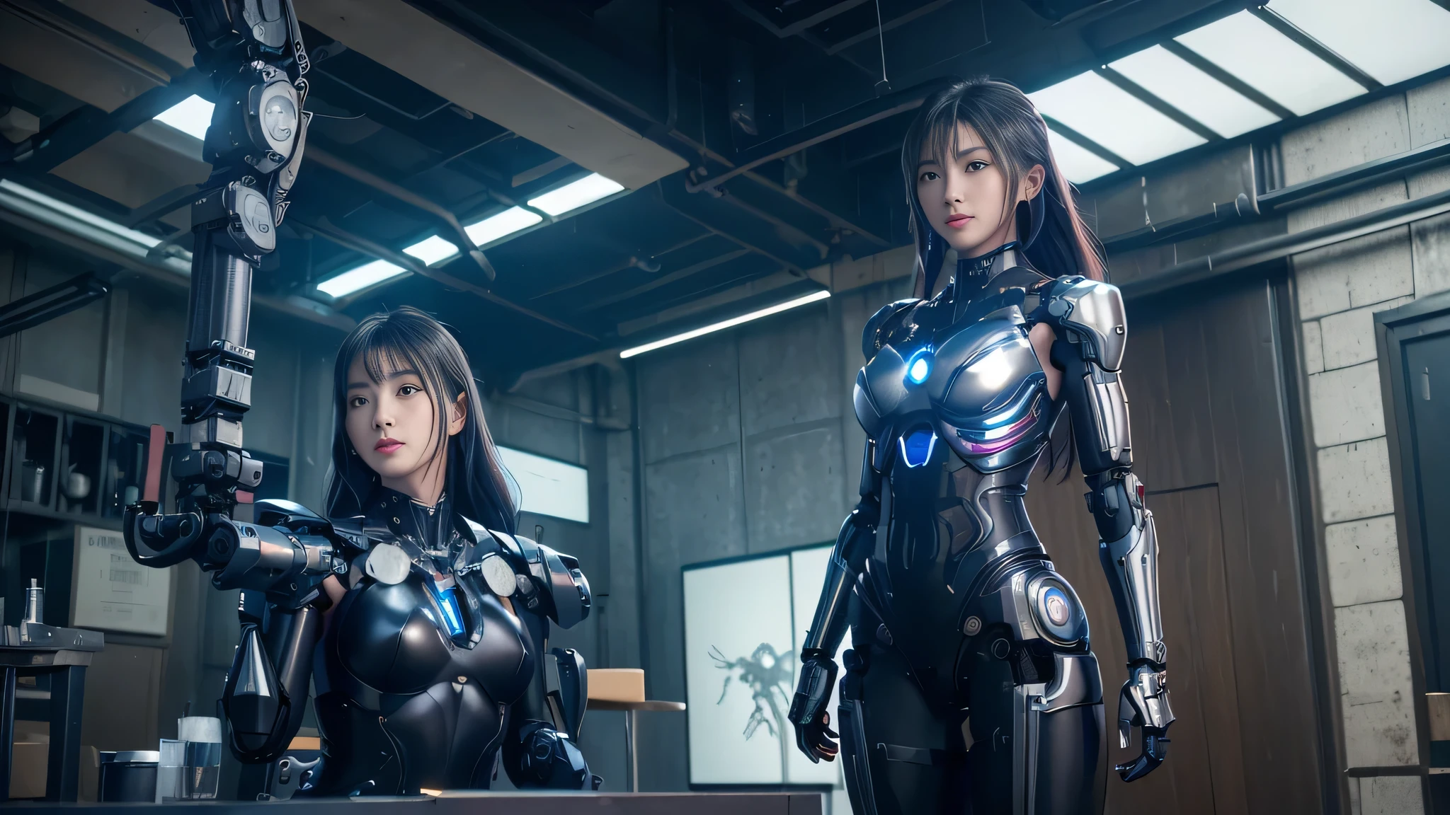 masterpiece、((black metallic talic scale ))、 ((plug suit)), ((beautiful girl:1.2))、i don't'T'T'T'Mechanized bodies do noT exisT、Mechanized chest and abdomen、mechanized occiput、Mecha leg rack metallic suit that fits perfectly to the body、 Are standing、tied up、meTal robot、((cyberpunk background))、(neon light)、(Futuristic machine factory background)、Cyberdyne、Artificial bodies、All metal body、ironwork、abdominal mechanism、((robot arm and hand))、((robot'legatine neck))、Inside the spaceship、beautiful girl、、asian beauty, (Actuator and cable exposed from abdomen.、Connect from neck to body of metal robot、Complex 3d rendering beauTiful porcelain profile super get used to itd female android face、cyborg、robot parTs、150mm、Soft light in a beautiful studio、rim light、vivid details、gorgeous cyberpunk、Ren Hao、Super realistic、anatomical、facial muscles、cable wire microchip、elegant、beautiful background、octane rendering、HR giger style、8K、highest quality、masterpiece、enlightenment、very delicate and beautiful、 Very get used to it CG、unity、wall-、(realistic、Photoreal:1.37)、wonderful、get used to it、masterpiece、highest quality、official art、Highly get used to itd CG unity 8K wallpaper、absurd、incredibly absurd、、robot、silver beads、Full body Esbian、 Are standing,perfect body,(Lie:1.3)