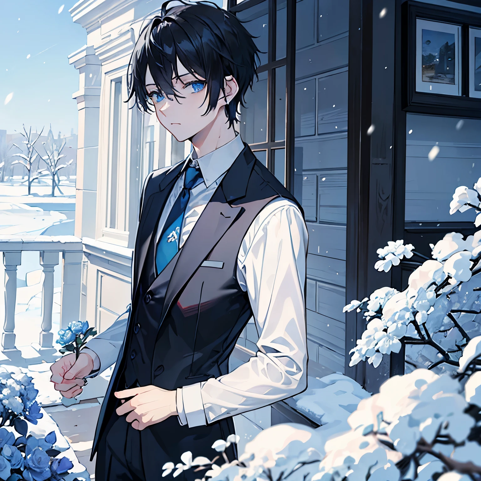 （masterpiece、４K、detailed) Cool butler、（round black hair、Alone、looking at the camera、Beautiful blue eyes、cool look）black suit、blue tie、blue earrings、blue flower、snow