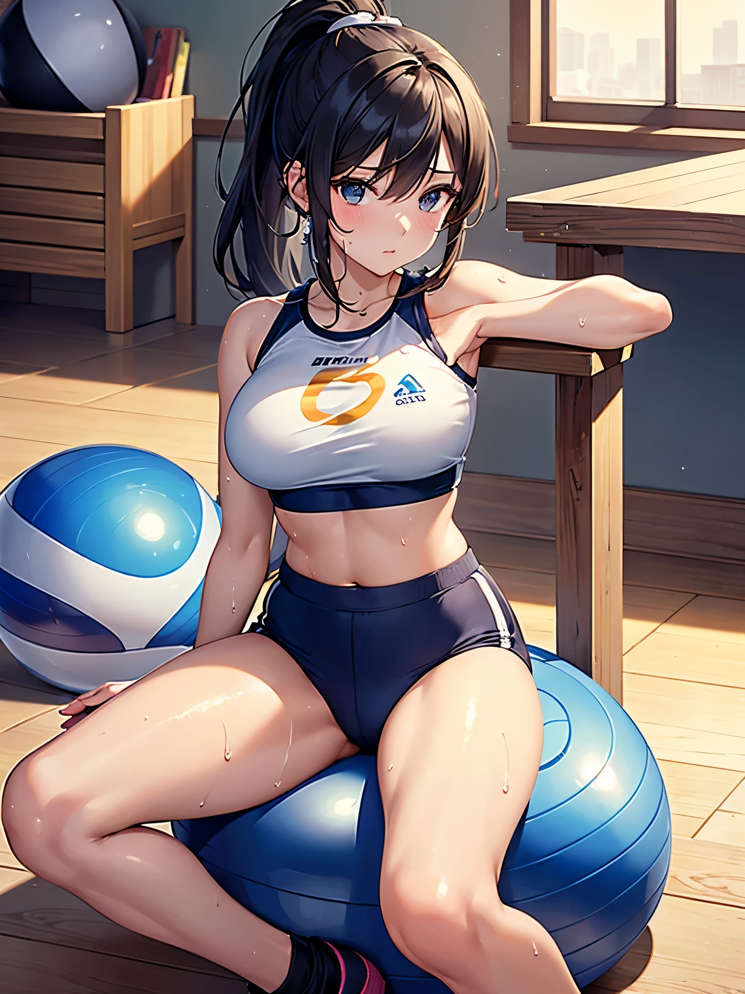 ((highest quality)),(ultra high resolution),(Super detailed),(detailed description),((best CG)),(best work of art),super precision art,amazing drawing art,(Art with precise details:1.5), (Woman sitting on balance ball:1.7),(beautiful and well-shaped face:1.4),(Crop top training wear that sticks to you with sweat:1.5),flowing sweat:1.3,(high ponytail:1.3),sit on a balance ball:1.4,big balance ball:1.3, Sports club:1.4