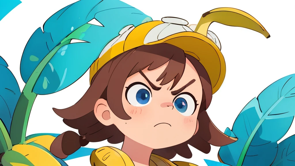 mad, angry, pissed, banana hat, bananas background pattern, banana tree, blueish background, high detailed, fornite banana costume, shooting, explosion, high contrast, high saturation, guns, bananas, big eyes, super close view, portrait, close up, front, girly brown hair, blue eyes