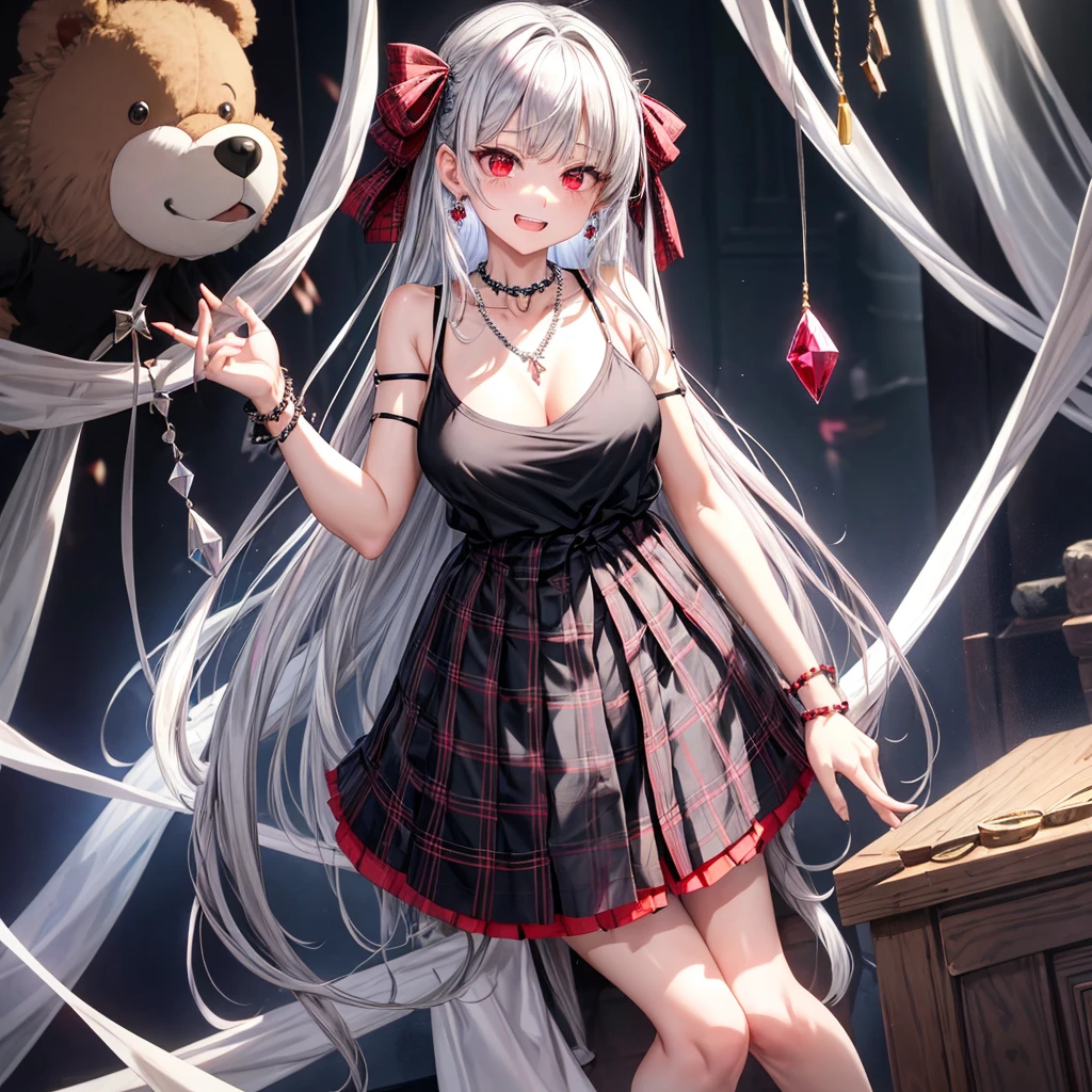 silver hair、red eyes、one good looking girl、solo、anime、plaid mini skirt、black camisole、black t-shirt、robe、wearing a ribbon、ribbon at waist、stones are piled up、crystal earrings、jewelry necklace、Light and shadow、tilting one's face、teeth are visible、pillar、skylight、fireplace、Holding a stuffed bear