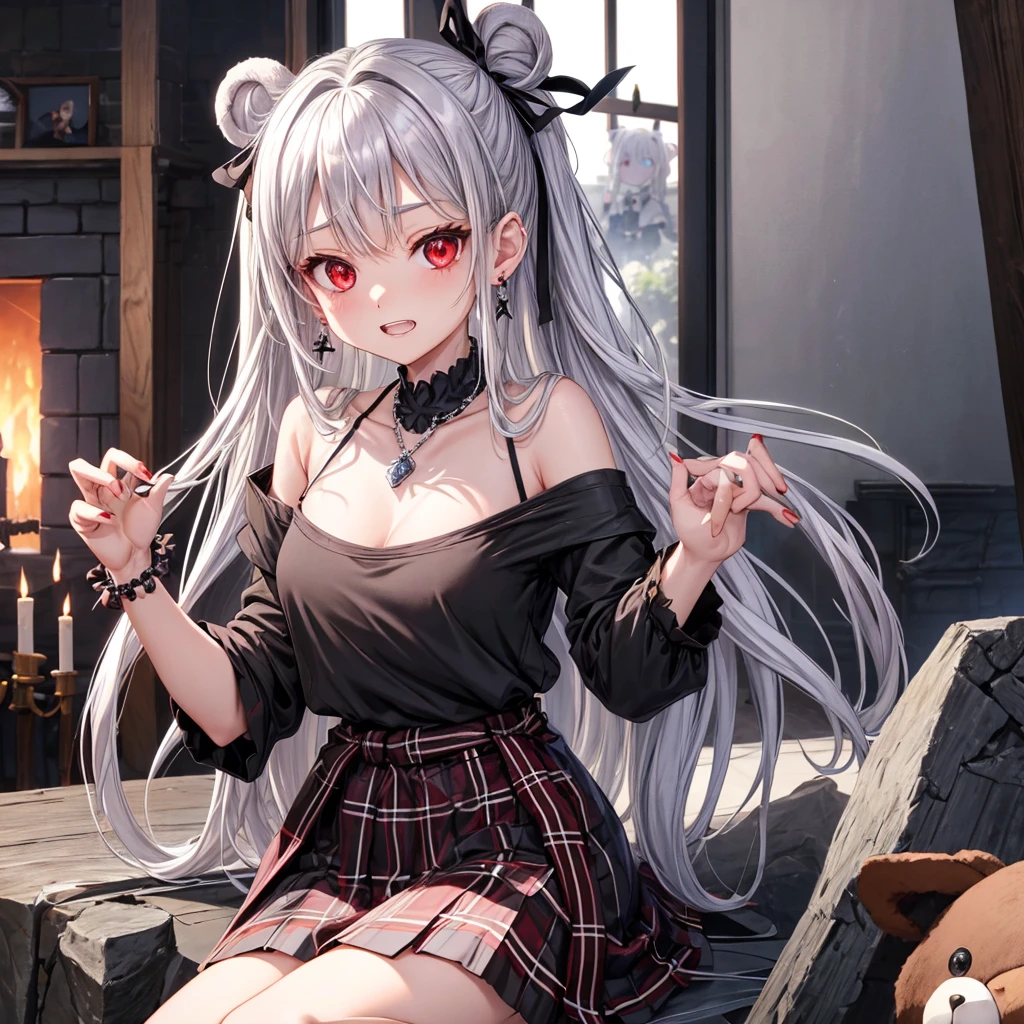silver hair、red eyes、one good looking girl、solo、anime、plaid mini skirt、black camisole、black t-shirt、robe、wearing a ribbon、ribbon at waist、stones are piled up、crystal earrings、jewelry necklace、Light and shadow、tilting one's face、teeth are visible、pillar、skylight、fireplace、Holding a stuffed bear