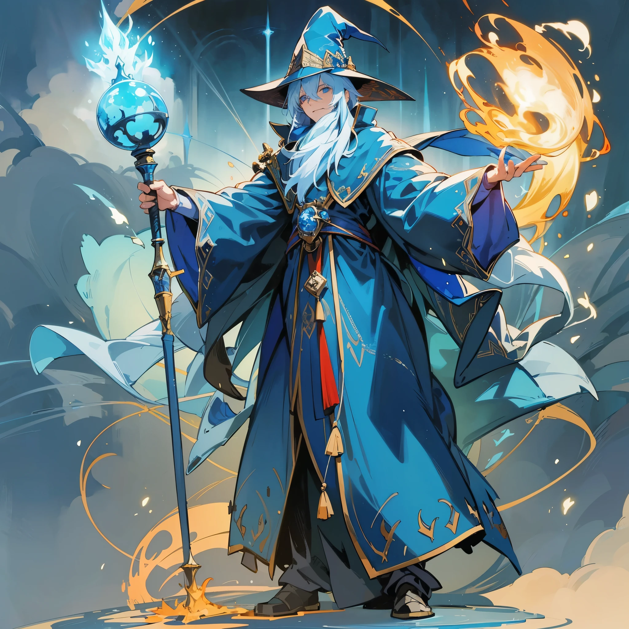 an older man(European medieval magician)，Wearing a mage hat，Wearing a blue mage robe，Holding staff，Stand in the magic array，releasing magic，surrounded by fire and ice。Medium shot composition，full body pictures，Characters and scenes，Anime illustration style，watercolor style，HD，4K。