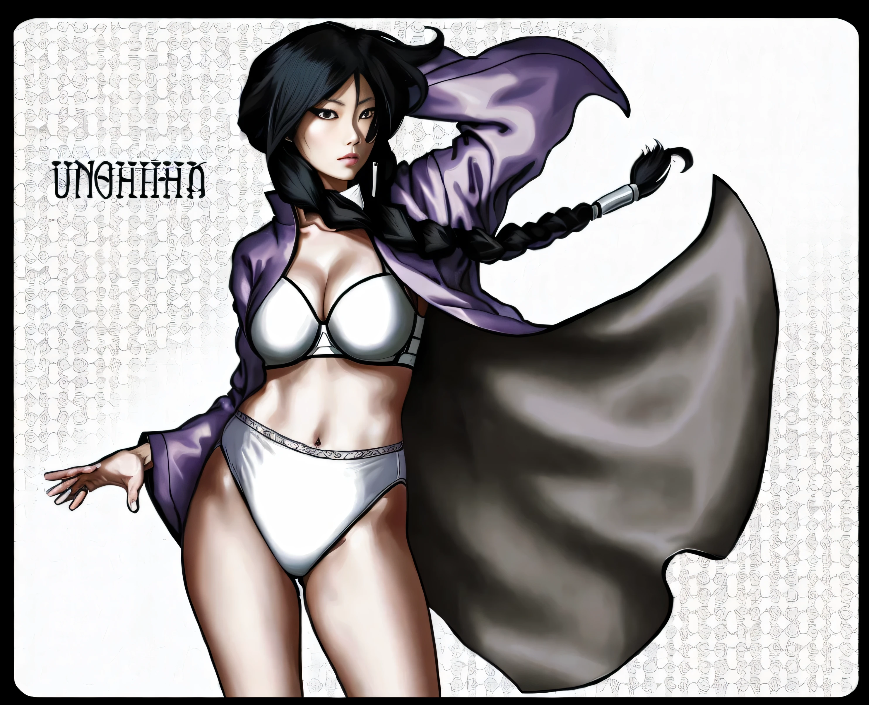 ((masterpiece, best quality)), ((39 year old)), (((Curvy))), ((Unohana from Bleach)), ((Japanese woman with long black braided hair)), ((white high cut panties)), white bra, purple kimono, Blue eyes, Text "Unohana" on the side, elaborate background pattern, (((realistic art style)))