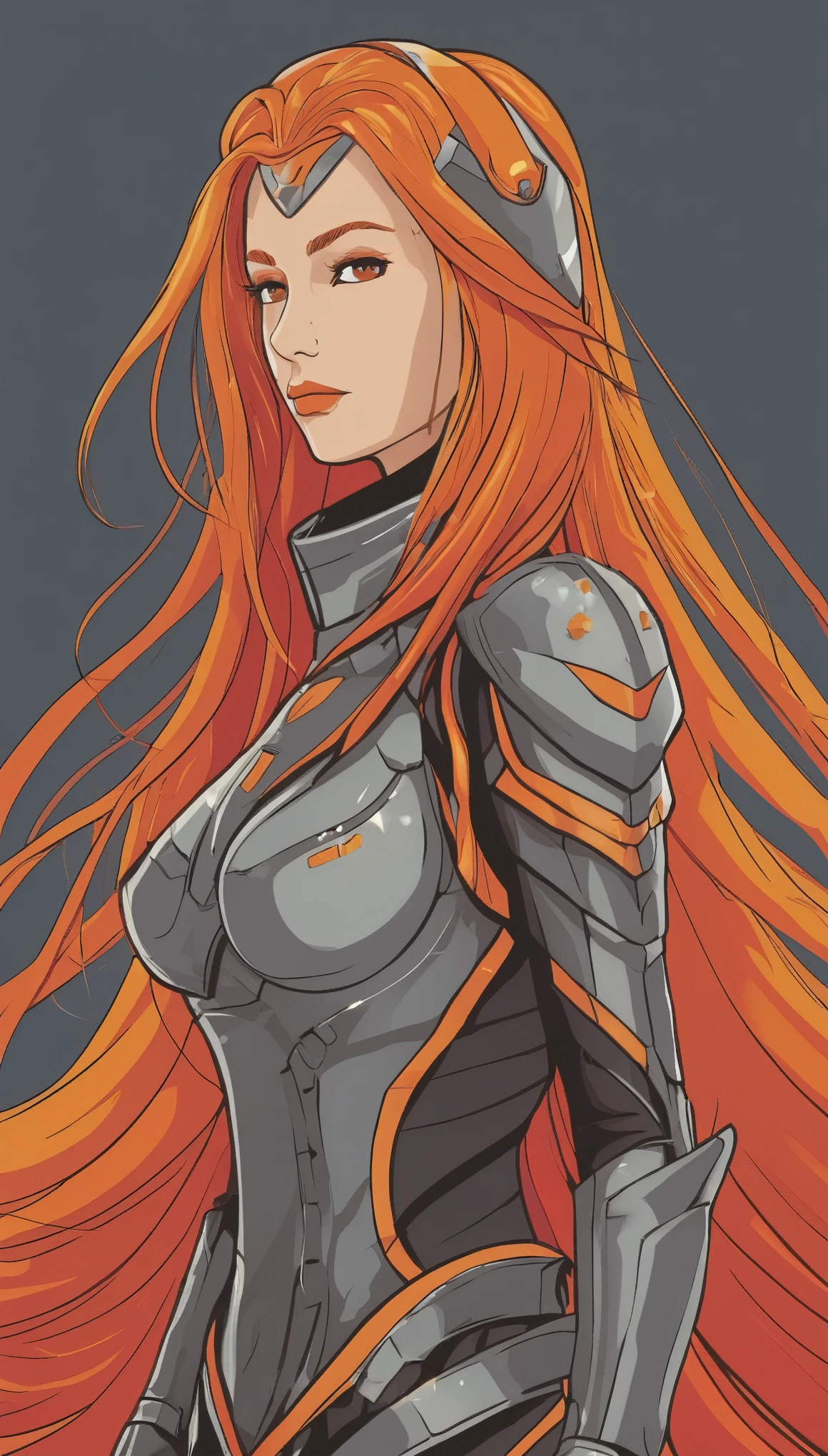 (vector art:1.2),(masterpiece), best quality, ultra-detailed, illustration, warm lighting, bright colors, 1girl, solo, very long hair, grey hair, orange hair, orange inner hair, red eyes, colored inner hair, two-tone hair, ahoge, absurdly long hair, orange colored inner hair, multicolored hair, halo, , , body suit, flowing hair, wind, one eye closed, staff, dress, armor, headgear, floating,, , vector art, vector graphics