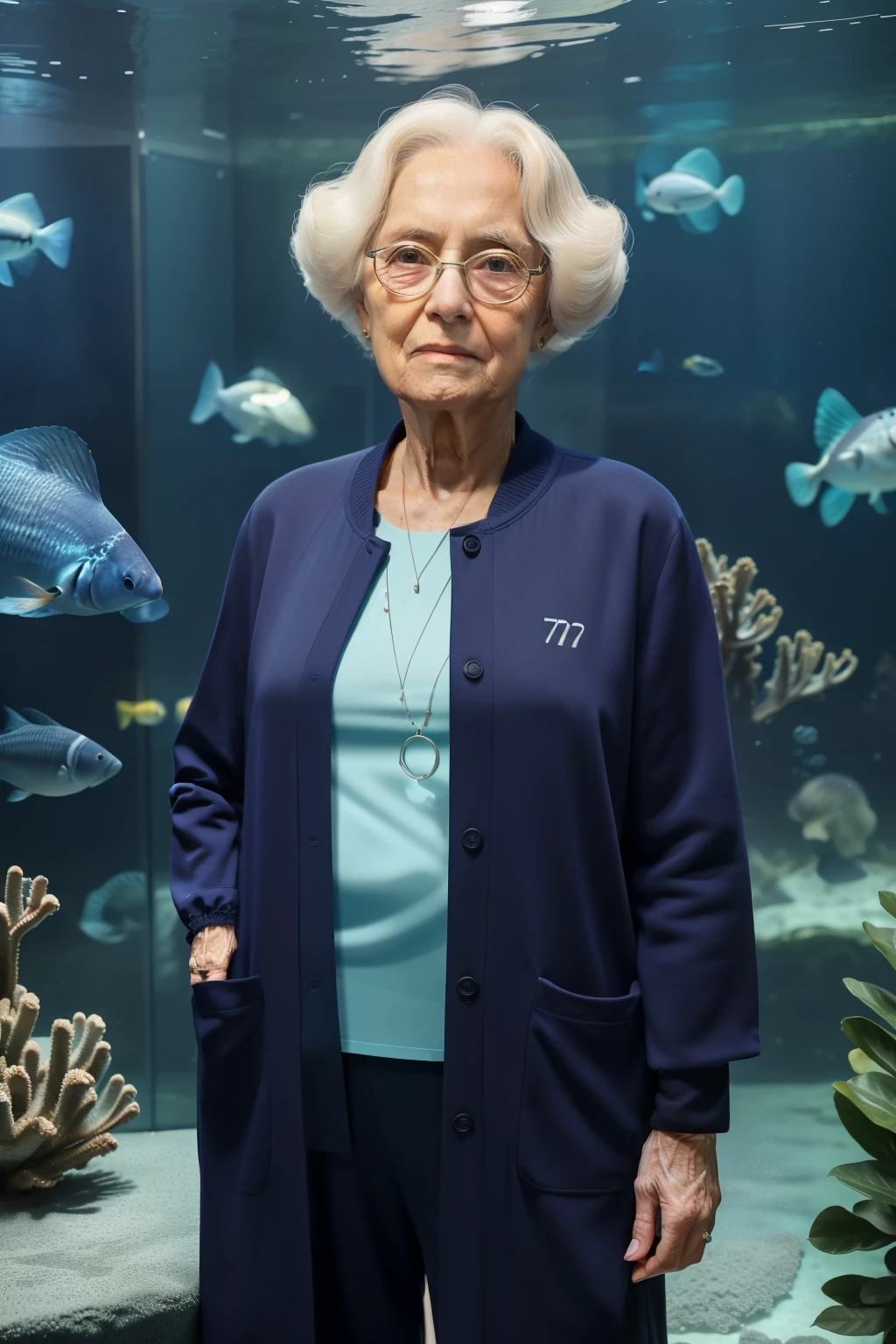 Sowell Bay, Washington, 2023. An old ((((70-year-old)) Tova Sullivan)), swedish woman, at the acuarium, night cleaner, ((((clothings from the 2020s)))), ((hairstyle of the 2020s))