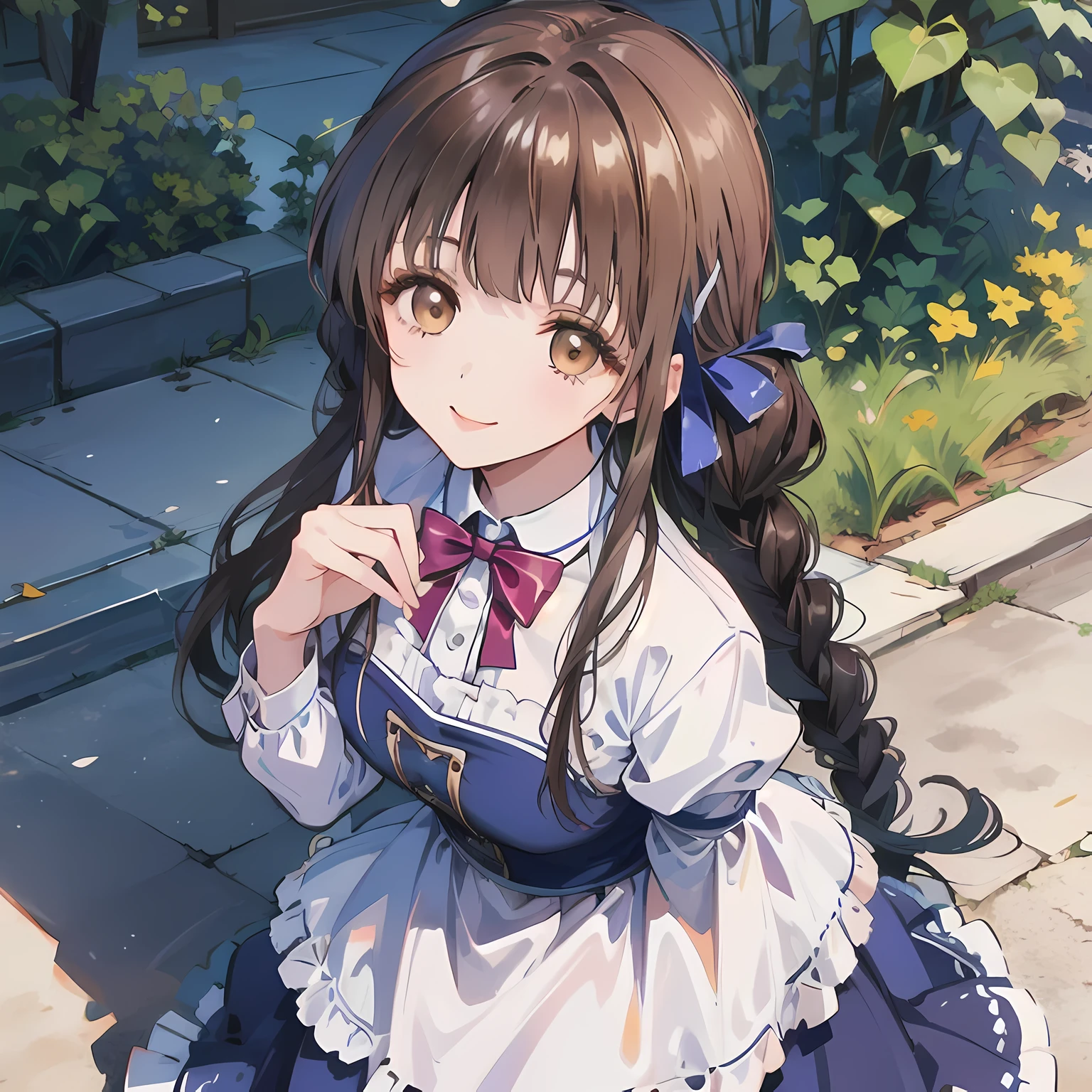 highest quality, (masterpiece:1.2), High resolution, perfect pixel, One so beautiful woman is standing, 16 years old, (((big very detailed beautiful dark brown eyes))), ((luxurious dress like a princess)), ((Very big and cute hair ribbon)), ((((very beautiful long straight straight hair)))), half up, ((Looking up at the viewer and smiling)), Very fun, Very happy, mouth is open, the skirt is so cute, detailed fingers, modest chest, ((curled bangs)), ((Lip balm)), so beautiful, long eyelashes, ((dress is photo realistic)), (((Touching your hair with your hands))), ((Showing viewers the beauty of straight hair)), ((very big girly hair ribbons)), ((Impressive and very beautiful eyes)), (((shot from above))), double eyelids, ((((Looking up at the viewer))))