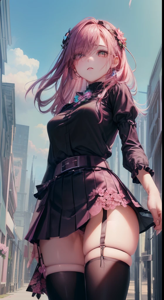 (((masterpiece, highest quality, High resolution, don't let it end, 1 girl, hair above one eye, gem, single thigh high, diaphragm, black skirt, asymmetrical legwear, pink shirt, black thighs, belt, mini skirt, Are standing, cowboy shot, outdoor, Announced, flower )))