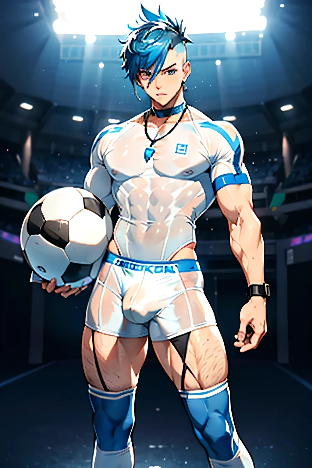 full view one young bodybuilded Matt Pokora with blue mohawk haircut and shaved around, sheer white transparent spandex shirt, showing off his disproportionately over-inflated pecs and biceps, big bulge package in white transparent sheer boxershorts showing off his penis , white sweaty stained soccer socks , tattooed, silver necklace, standing arrogantly on football field